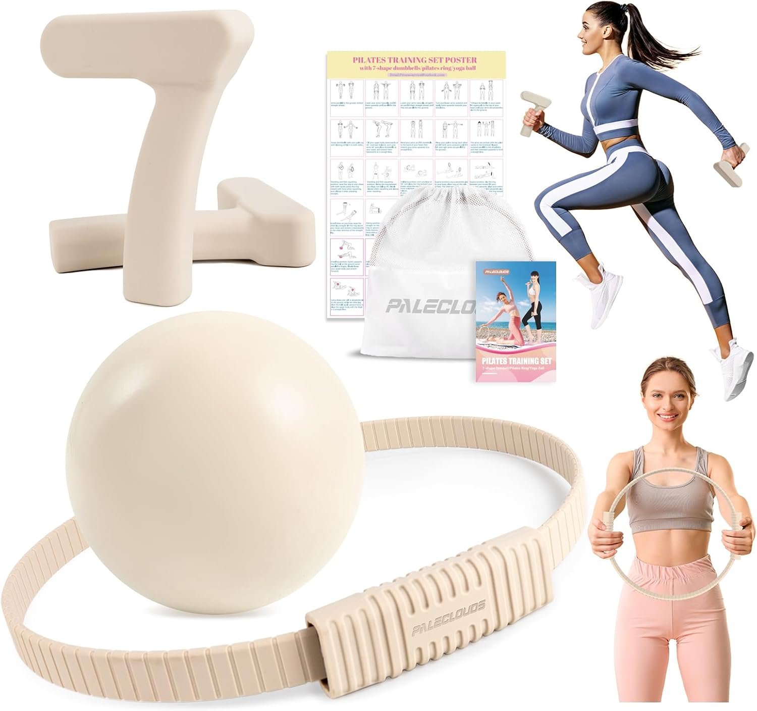 Pilates Ring Set, Pilates Essential Kit with Pilates Ring and Ball, 2.2lb *2 Ergonomic 7-Shaped Dumbbells, Portable Bag & Training Poster, at Home Workouts Pilates Sets for Women