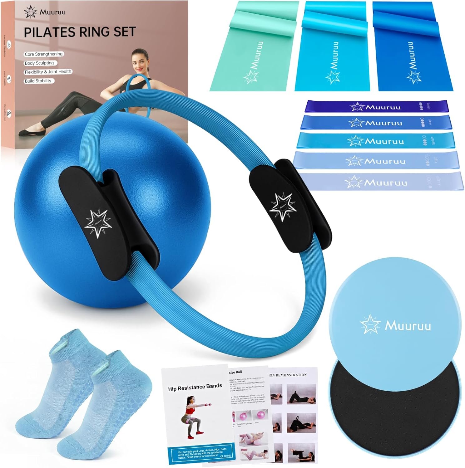 Pilates Ring Set, Pilates Essentials Kit for Home Workouts Women, Yoga Equipment Set with 14 Inch Magic Circle, 9.8” Ball, 5 Resistance Bands, 3 Long Stretch Bands, Core Sliders, Non-slip Socks