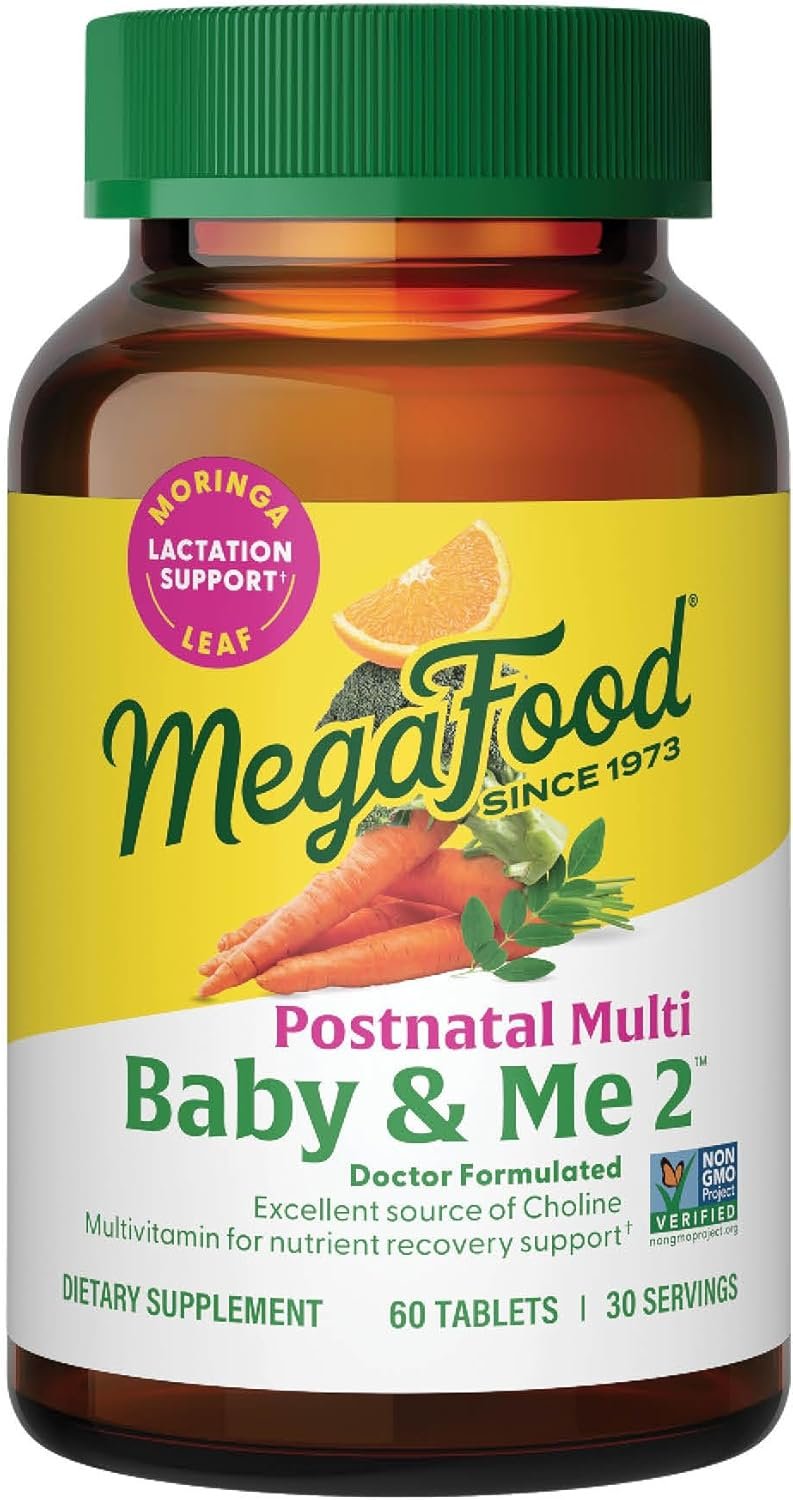 MegaFood Baby & Me 2 Postnatal Vitamins for Women Breastfeeding with Folate (Folic Acid Natural Form), Choline, Iodine, Vitamin D, Moringa Leaf and More – 60 Tabs (30 Servings)