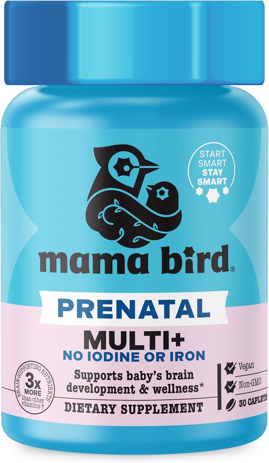 Best Nest Wellness Mama Bird Prenatal Multi Plus Iodine & Iron Free – Prenatal Vitamin for Brain & Digestive Health – Vegan Multivitamin with Methylfolate, Probiotics & More – 30 Caplets