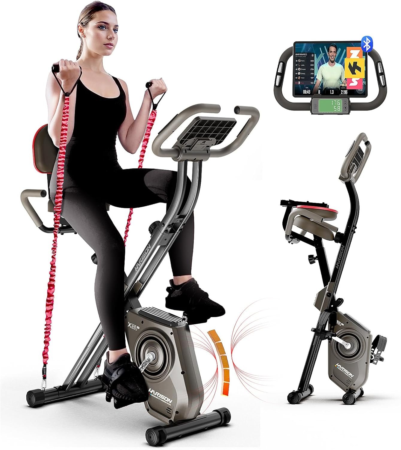 HARISON Folding Exercise Bike 350 LBS Capacity, 5 in 1 Bluetooth Stationary Bikes for Home with 16-Level Resistance and Arm Resistance Bands, Magnetic X-Bike with LCD Monitor & Back Support