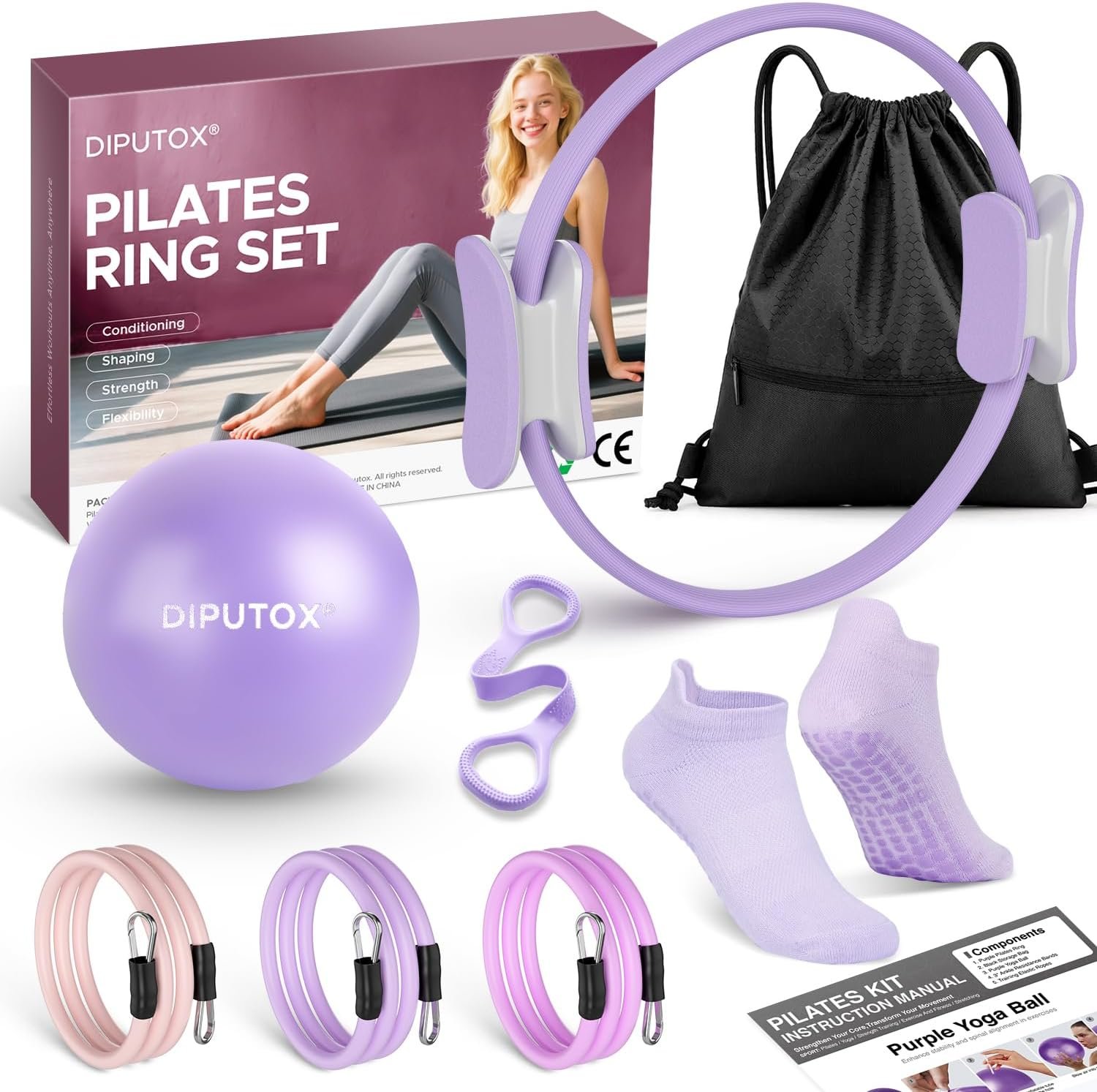 Pilates Ring Kit for Women, Pilates Equipment Accessories, Home Workout Set with Magic Circle, Mini Exercise Ball, Ankle Resistance Bands & Yoga Socks, for Fitness, Toning & Better Me Gifts