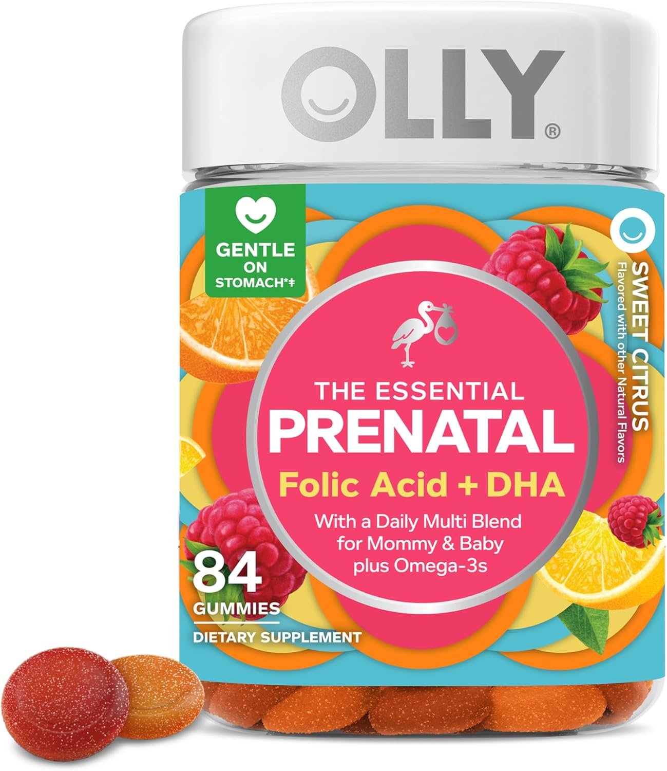 OLLY Essential Prenatal Gummy Multivitamin, Folic Acid, Vitamin D, Omega 3 DHA, Supports Healthy Growth and Brain Development, Citrus Berry – 84 Count