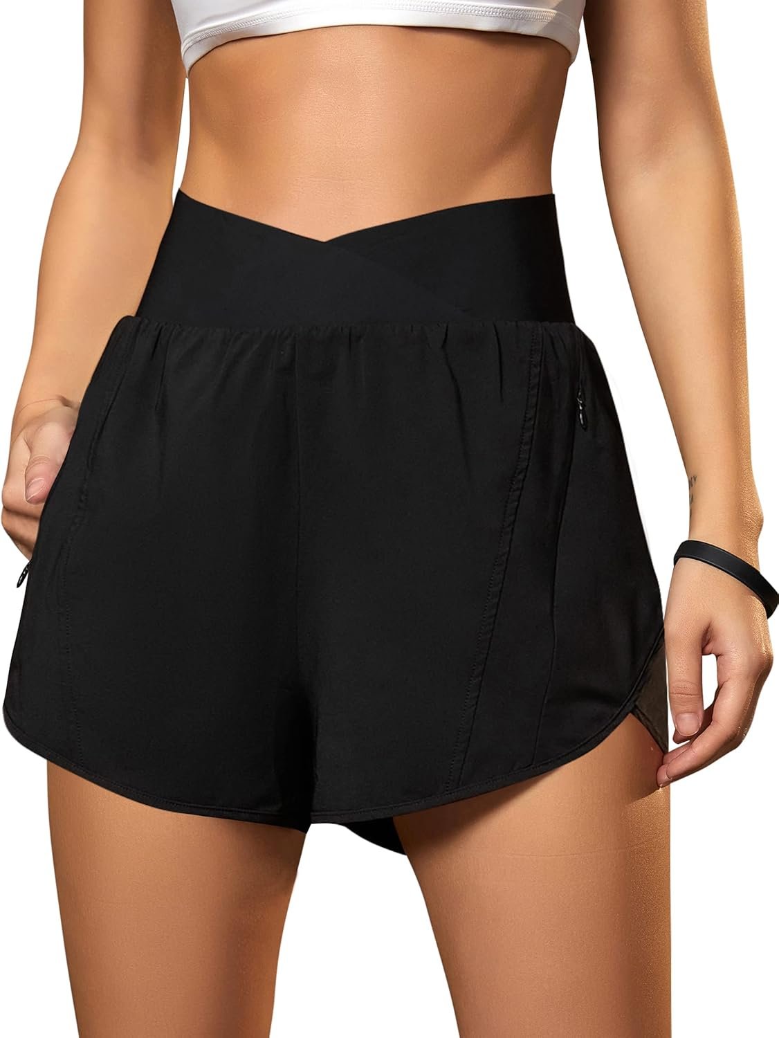 Blooming Jelly Women’s Workout Shorts Athletic Running Shorts Crossover High Waisted Gym Shorts with Zipper Pockets