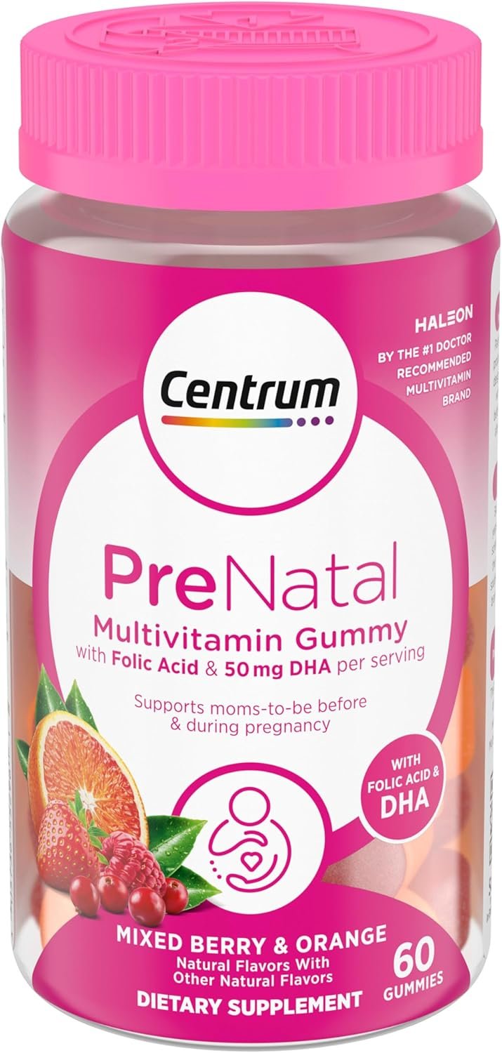 Centrum Prenatal Multivitamin Gummies with DHA and Folic Acid, Mixed Berry and Orange Flavors – 60 Count, 30 Day Supply