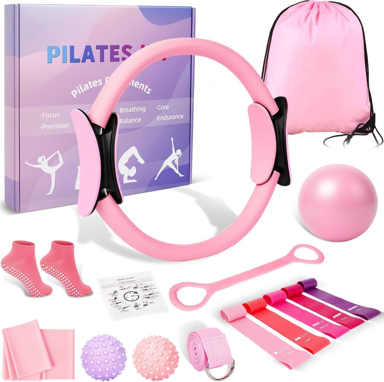 Home Pilates Kit for Women – 14 Pcs Pilates Equipment Set with Pilates Ring and Ball, 5 Resistance Bands Etc Accessories for Beginners Home Workouts – Includes Workout Guide