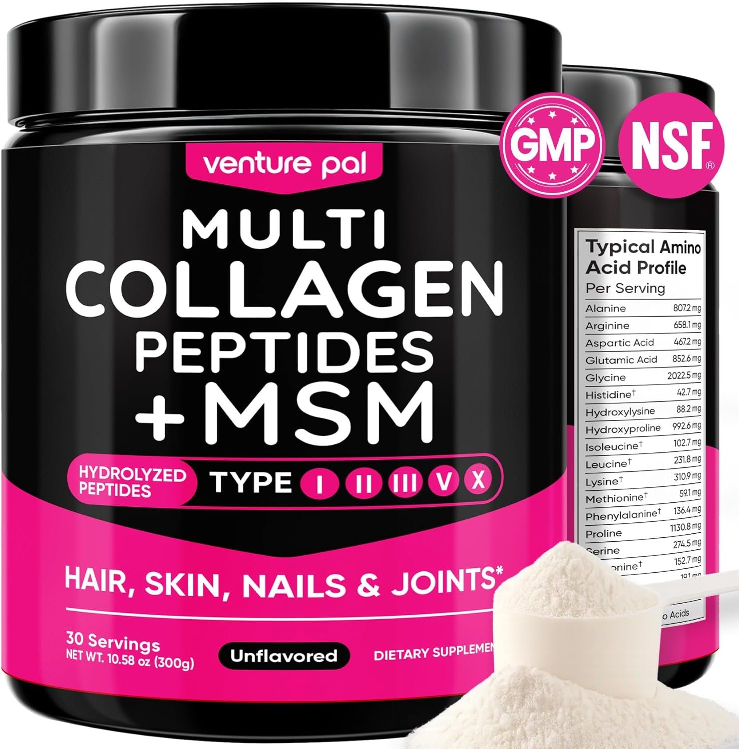 Venture Pal Multi Collagen Protein Powder Type I, II, III, V, X – Hydrolyzed Collagen Peptides MSM + GC & Vitamin C Collagen Supplement for Women & Men | Joint, Hair, Skin & Nail Support | Non-GMO