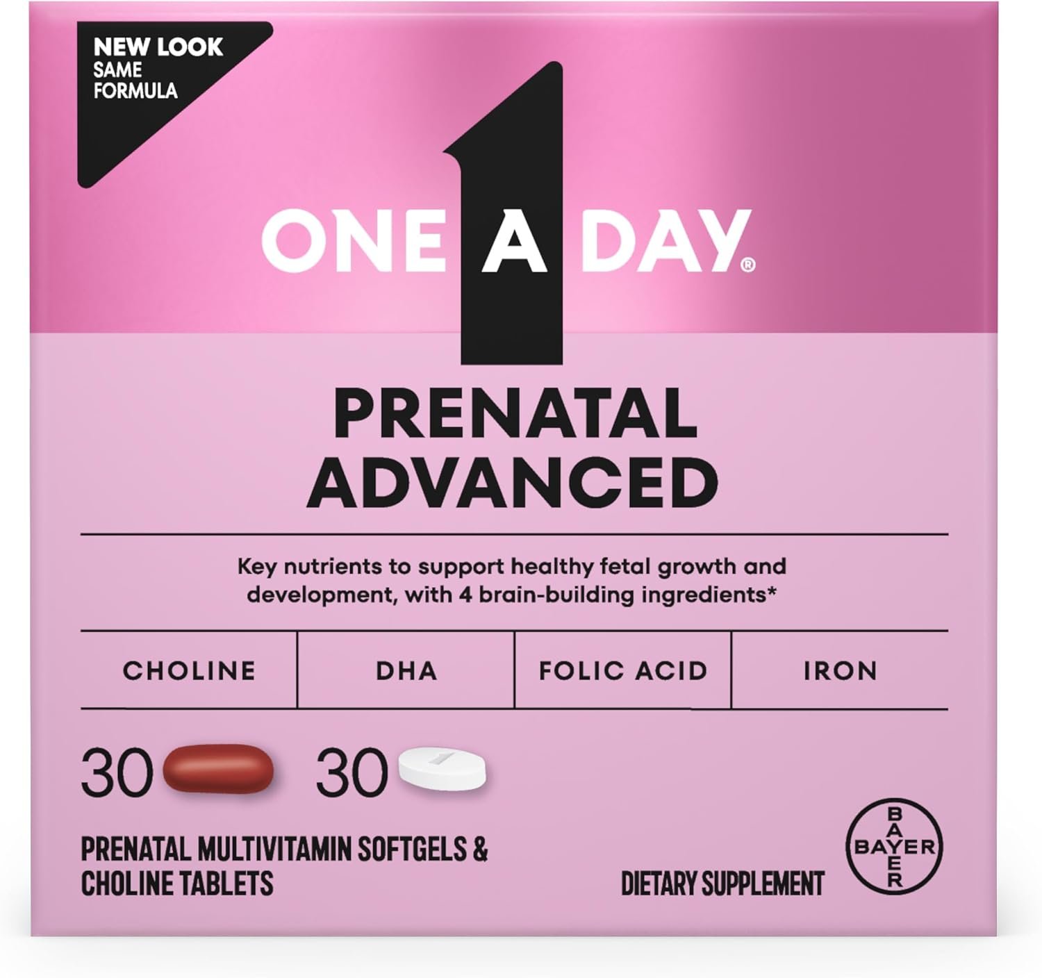 One A Day Prenatal Advanced- Prenatal Vitamins with Folic Acid, Choline, DHA & Iron, Pregnancy Vitamins for Women to Support Baby’s Development, 30+30 Ct (60 Total Set) (Packaging May Vary)