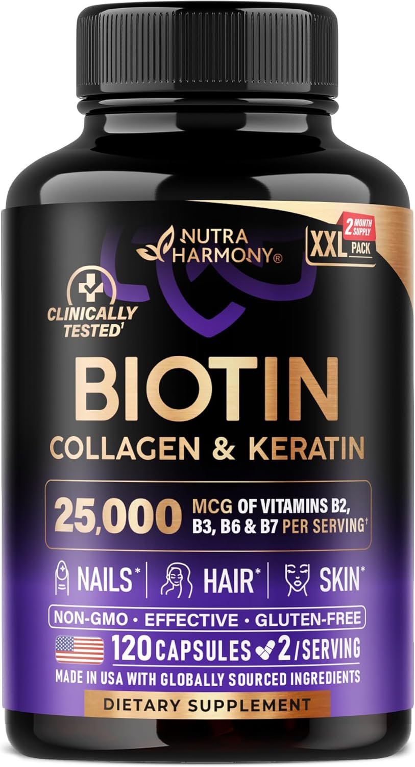 Biotin | Collagen | Hyaluronic Acid | Keratin – Clinically Tested Supplement – Hair Growth Support, Skin & Nails – 25000 mcg Vitamins B2, B3, B6 & B7 + B1 – Made in USA – Women & Men | 120 Capsules