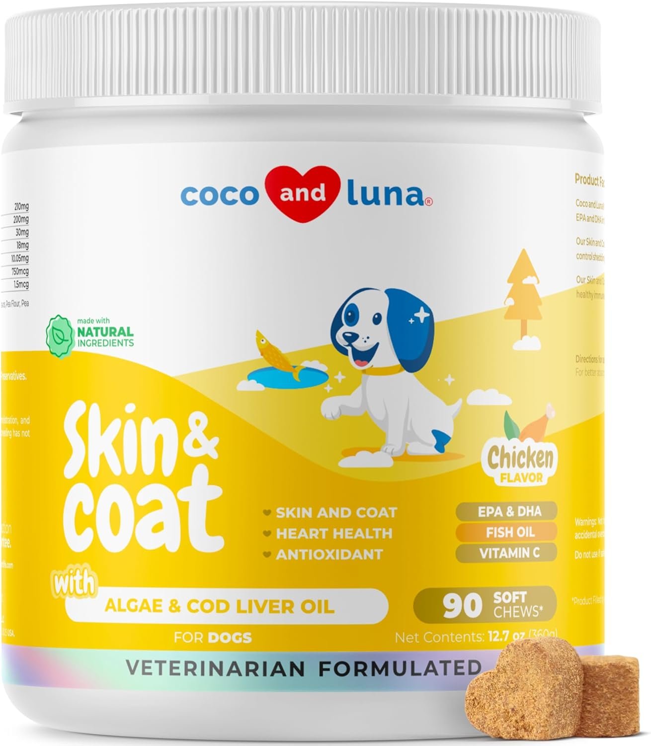 Omega 3 Fish Oil for Dogs – Skin & Coat Supplement with Cod Liver Oil, Algae, EPA & DHA Fatty Acids for Dog Shedding, Itch Relief, Hot Spots, Skin Allergy, Joint & Heart Support – 90 Soft Chews