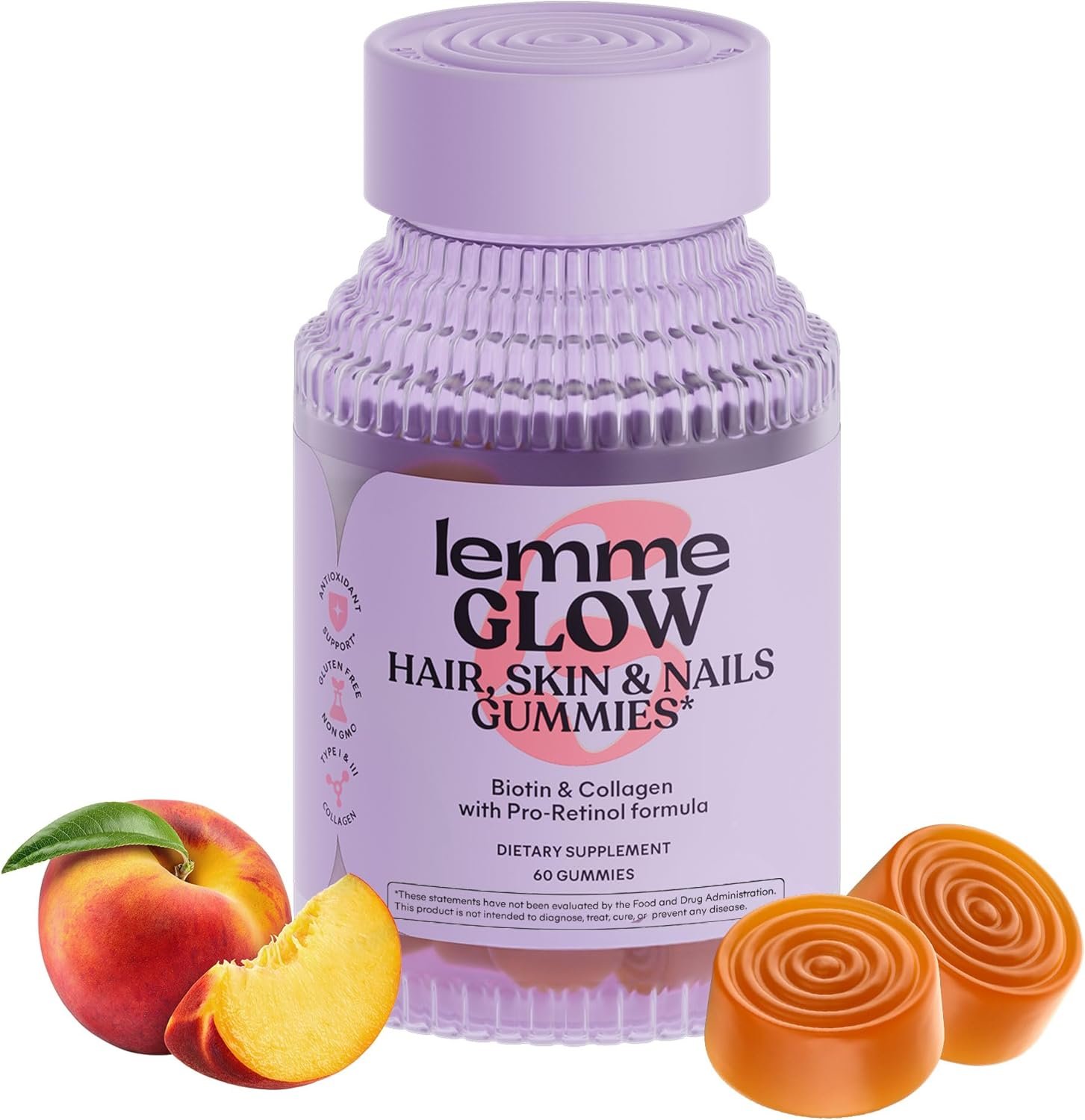 Lemme Glow Collagen Gummies for Thick Hair, Strong Nails & Healthy Skin with Multi-Collagen Peptides, Biotin, Trace Minerals, Zinc, Vitamins A, C & E, Dairy & Gluten Free, Peach Flavor, 60 ct.