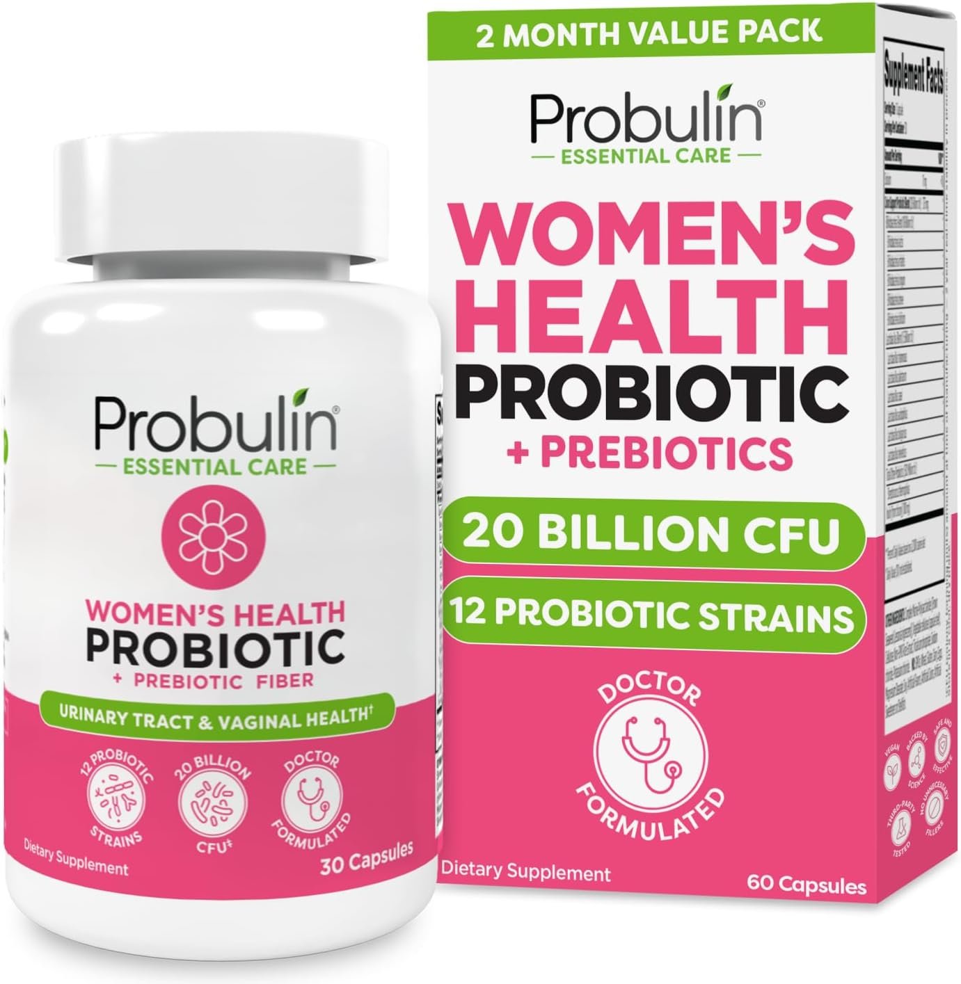 Probulin Womens Probiotic – Vaginal, UT, Gut & Immune Health with Lactobacillus Reuteri – 20 Billion CFU, 12 Probiotic Strains & Prebiotics – 60 Vegan, Gluten Free Capsules for Whole-Body Wellness
