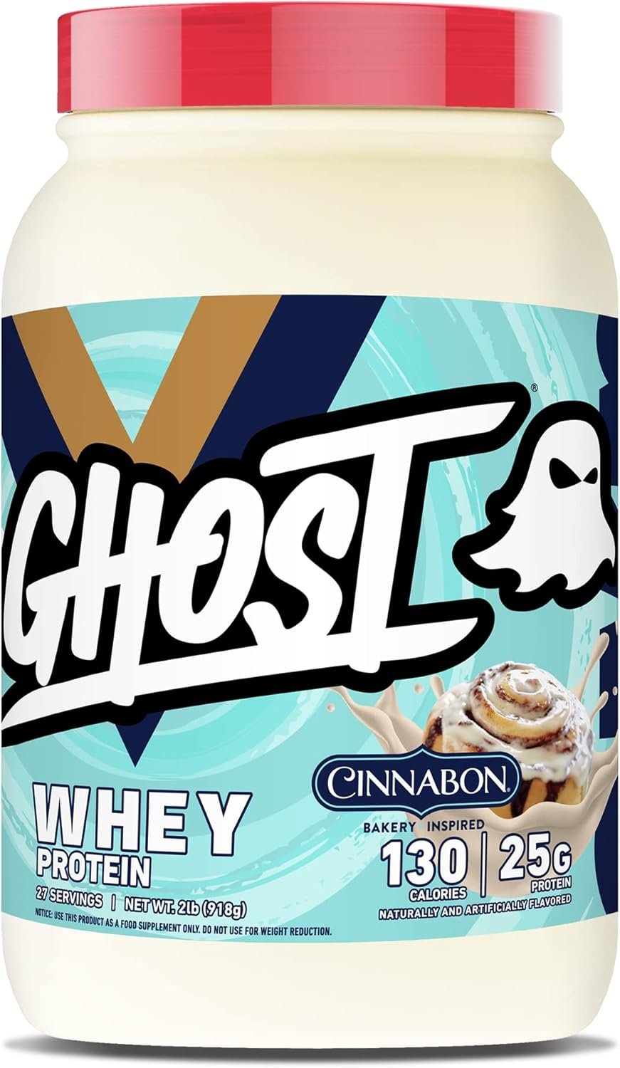 GHOST Whey Protein Powder, Cinnabon – 2LB, 25G of Protein – Cinnamon Roll Flavored Isolate, Concentrate & Hydrolyzed Whey Protein Blend – Post Workout Shakes – Soy & Gluten Free