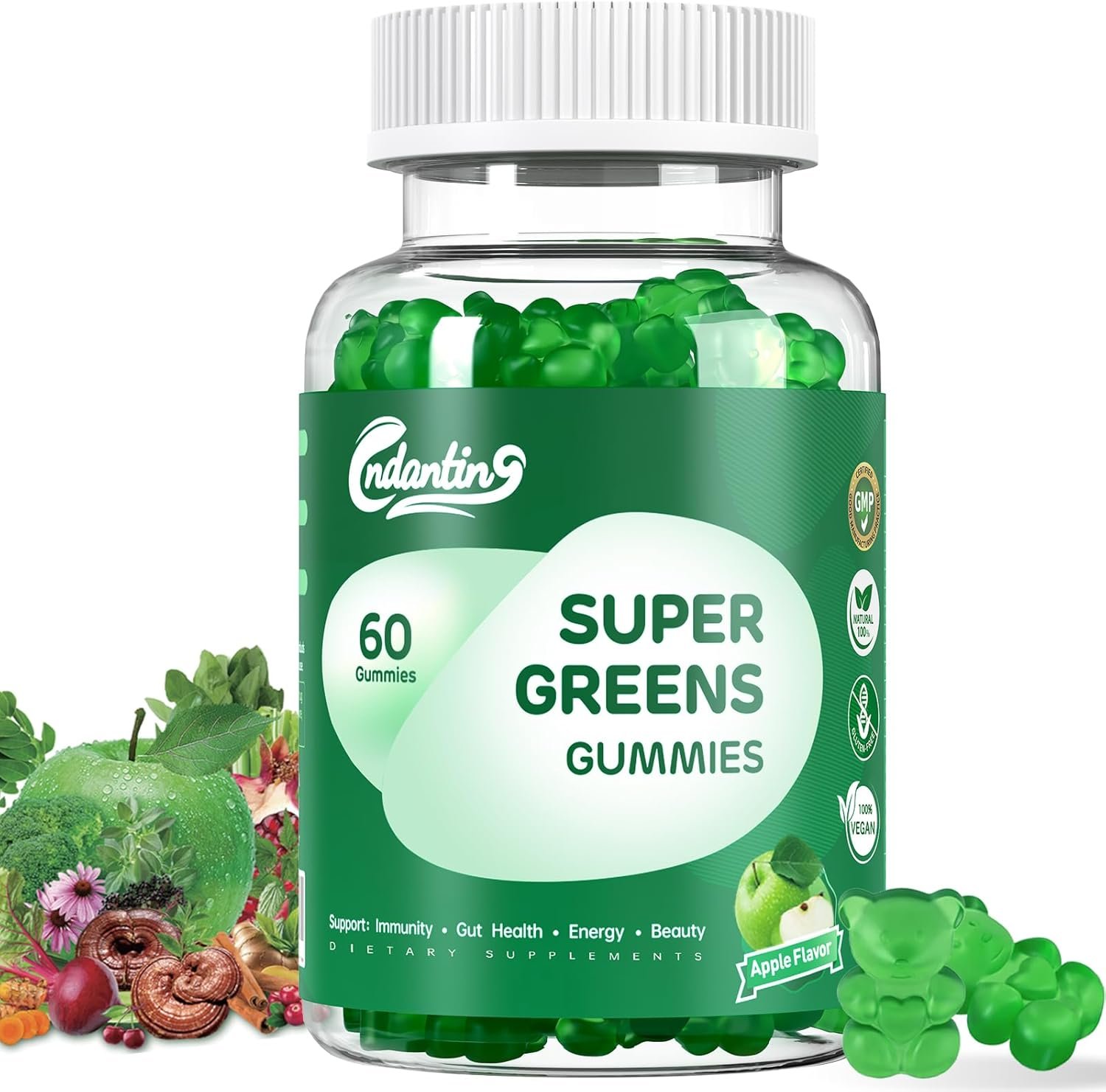 Multivitamin Super Greens Gummies – Daily Vegan Gummy Vitamins for Women, Apple Flavor | Organic Blend with Vitamin C, Turmeric, Zinc, Immune Support, Energy Booster, Metabolism | 60 Count