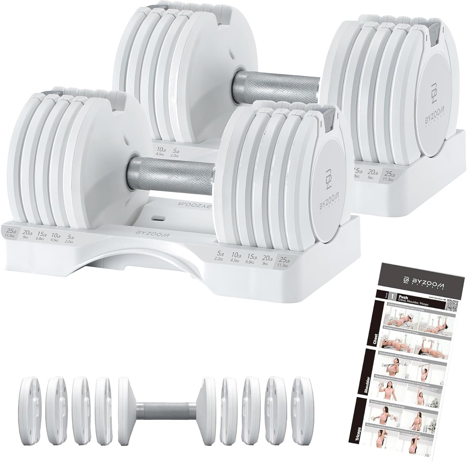 BYZOOM FITNESS Adjustable Dumbbell – 12.5/25lb Single Unit OR Set of 2 – 5-in-1 Adjustable Weight for Home Gym, Strength Training & Fitness Workouts, White OR Black