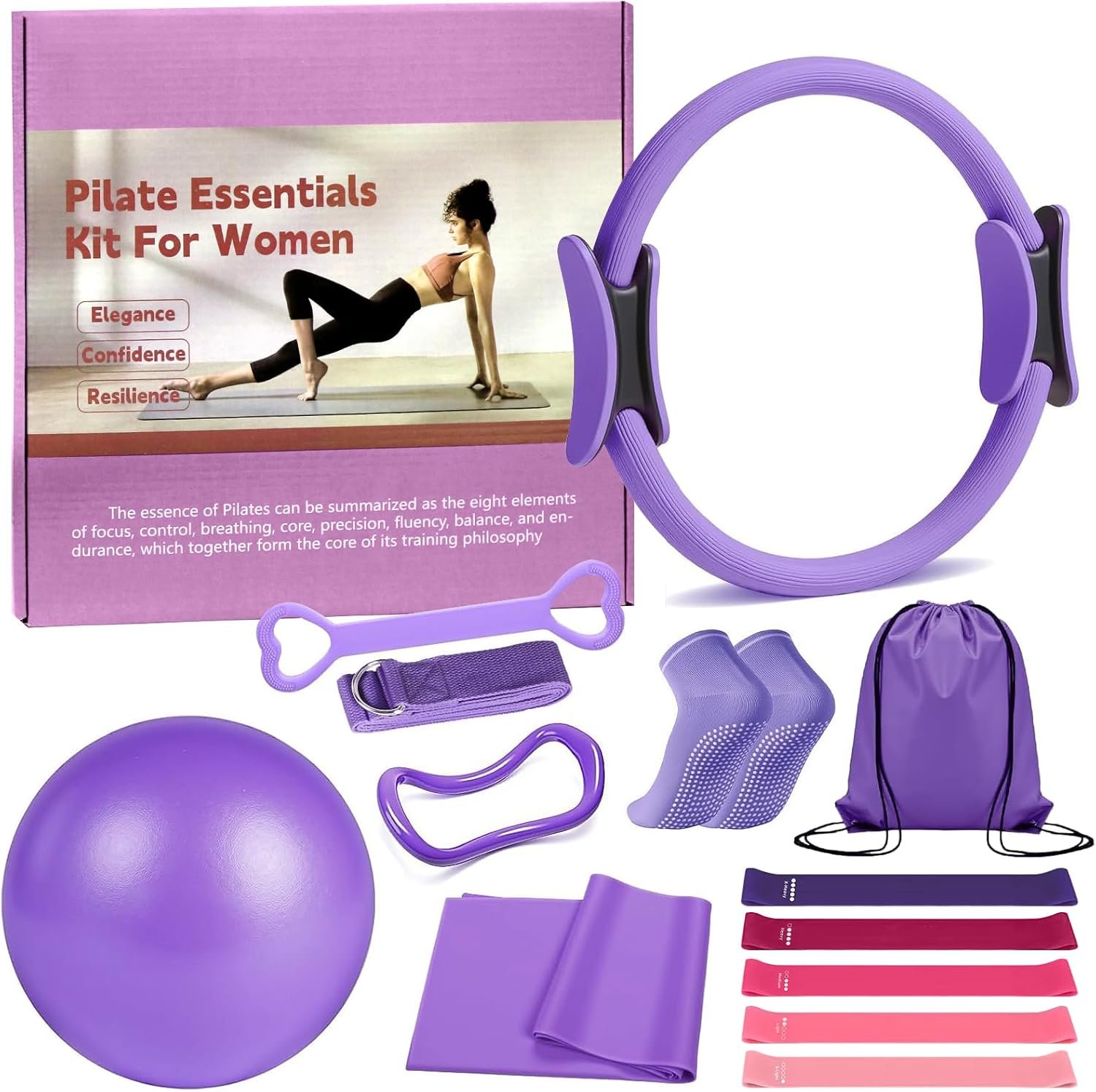 Pilates Ring 13 Piece Set,Pilates Kit for Women Exercise Equipment Accessories Deformation Magic Circle with Padded Handles, Workouts Ball, Guide & Bag, Resistance Bands for Legs Arms and Thighs