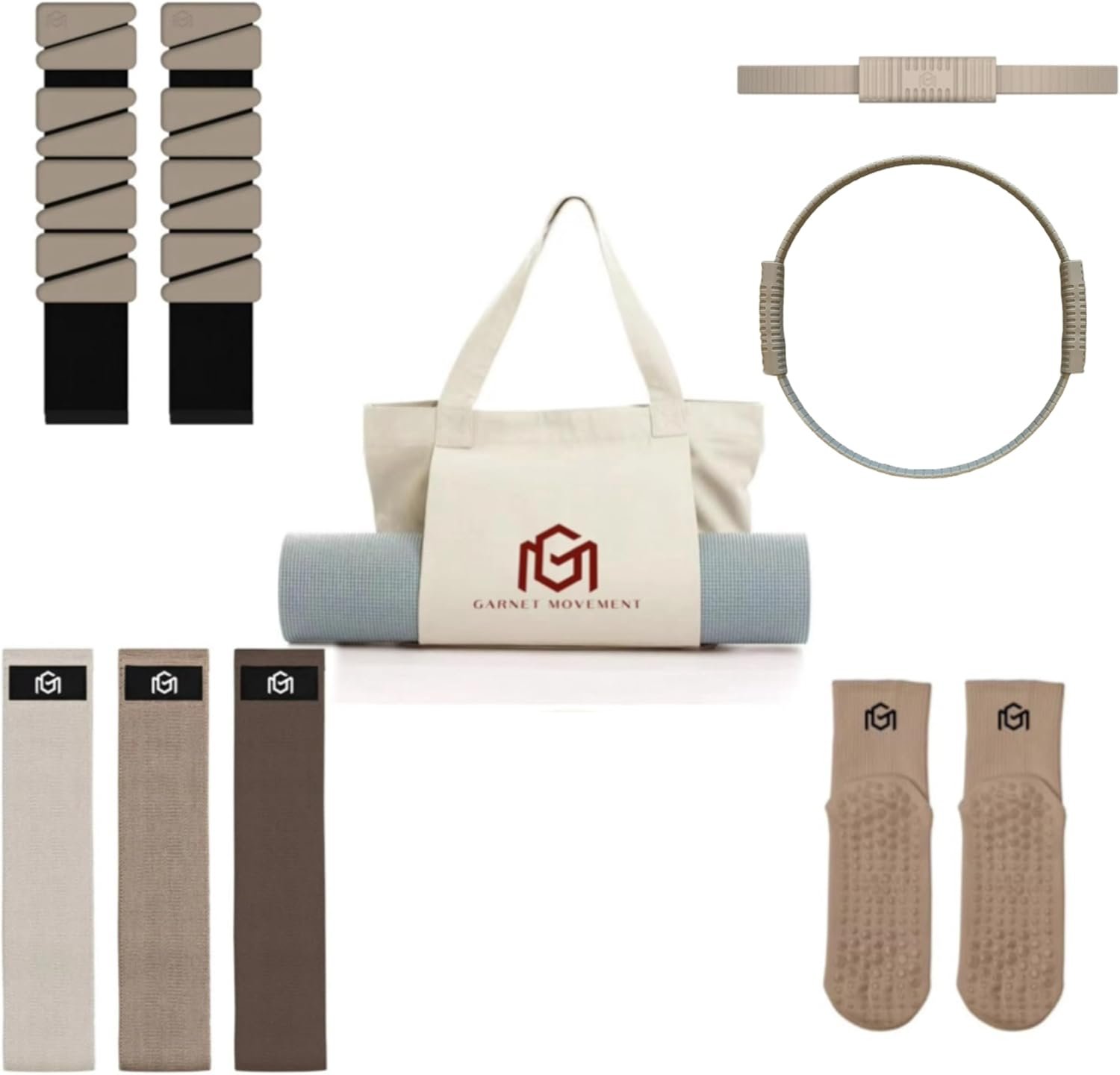Home Pilates Essentials Kit 9 pcs. Pilates Ring Fitness Trainer, Ankle/Wrist Weights, Resistance Bands, Tote Bag, Grip Socks. Home or Gym/Studio Use. *MAT NOT Included