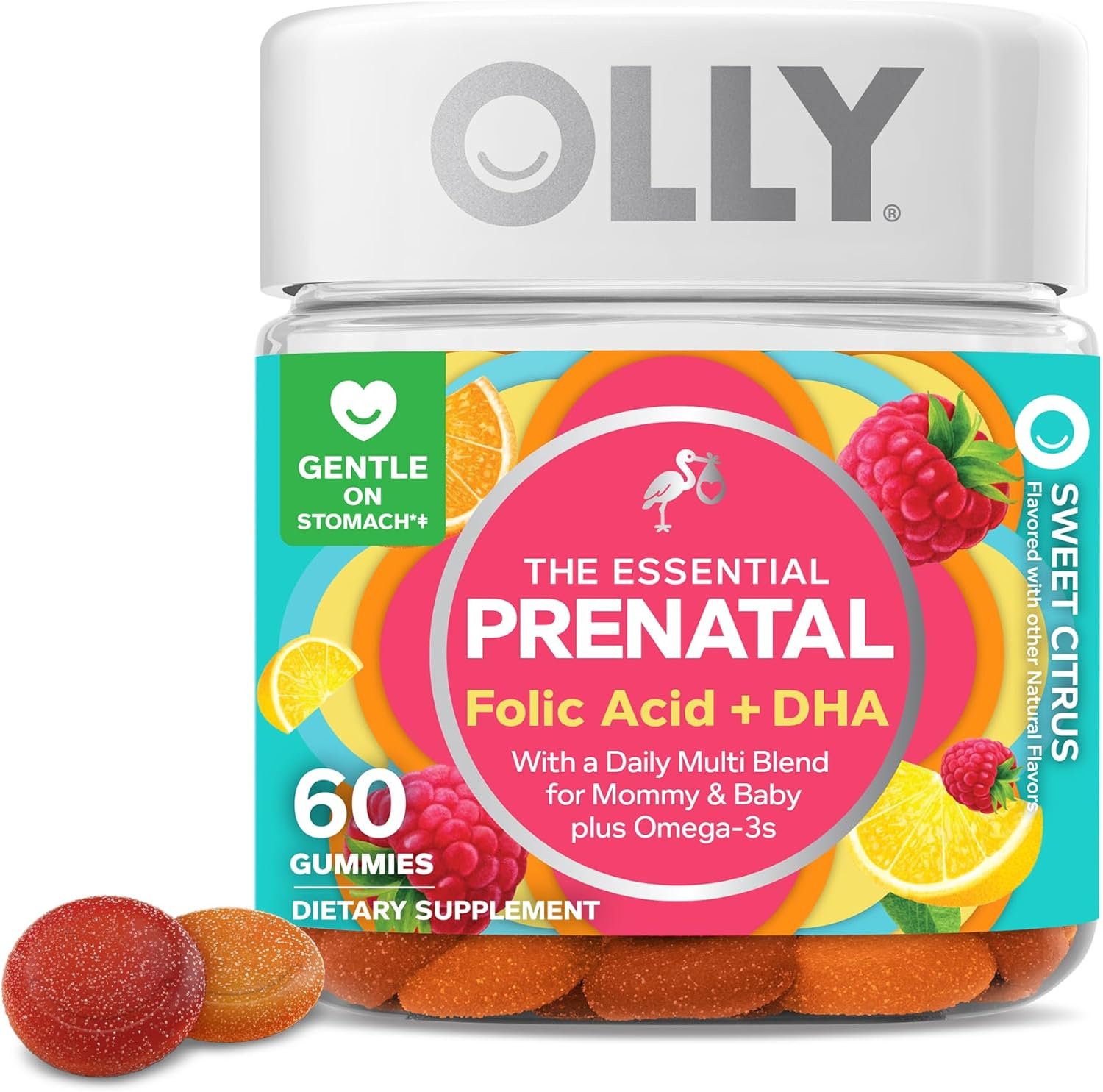 OLLY Prenatal Multivitamin Gummy, Supports Healthy Growth and Brain Development, Folic Acid, Vitamin D, Omega 3 DHA, Chewable Supplement, Citrus Berry Flavor, 30 Day Supply – 60 Count