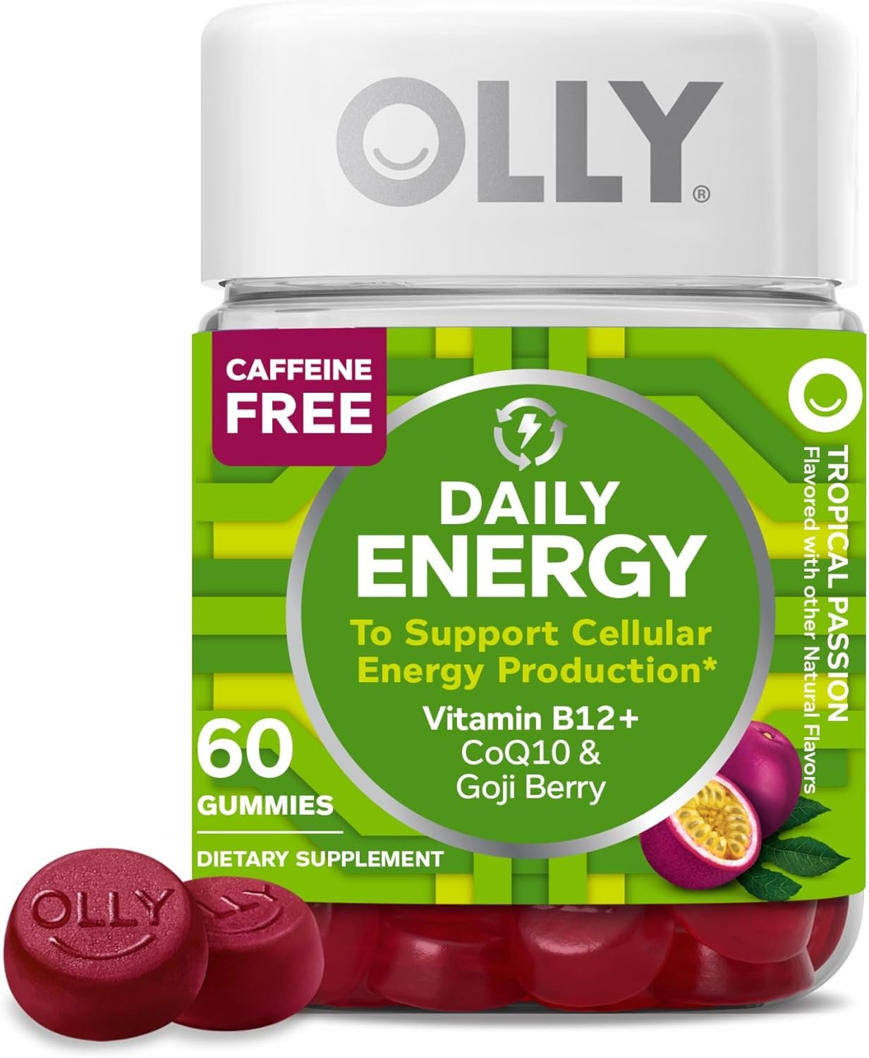 OLLY Daily Energy Gummy, Caffeine Free, Vitamin B12, CoQ10, Goji Berry, Adult Chewable Supplement, Tropical Flavor – 60 Count