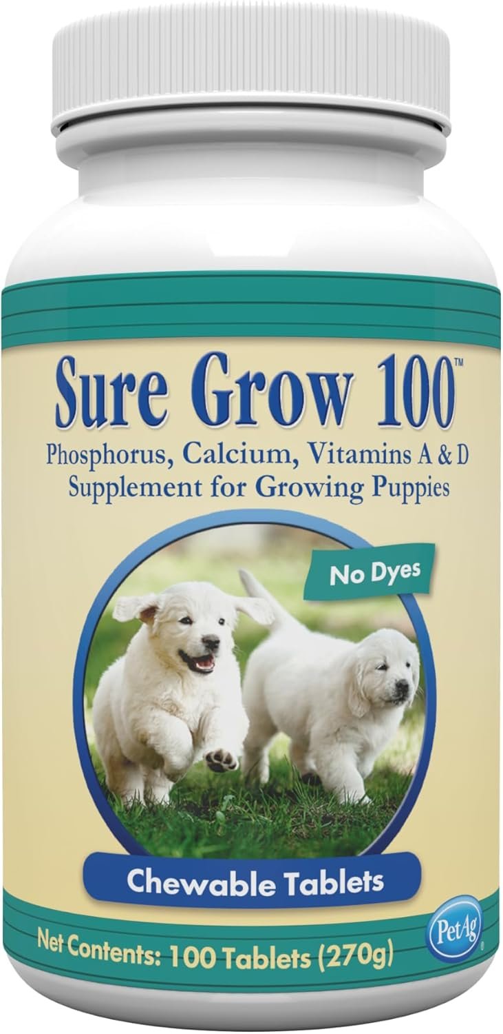 PetAg Sure Grow 100 – Promotes Optimal Bone Development in Puppies Eight Weeks and Older – with Calcium, Phosphorus, and Vitamins A & D – 100 Chewable Tablets