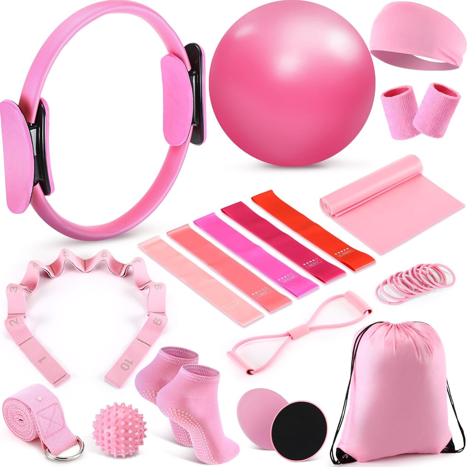 Poen 18 Pcs Home Pilates Ball and Ring Circle Set Yoga Fitness Essentials Kit with 5 Resistance Band Stretching Strap Non Slip Sock Ball Core Slider Wristband Headband Gym Bag for Women