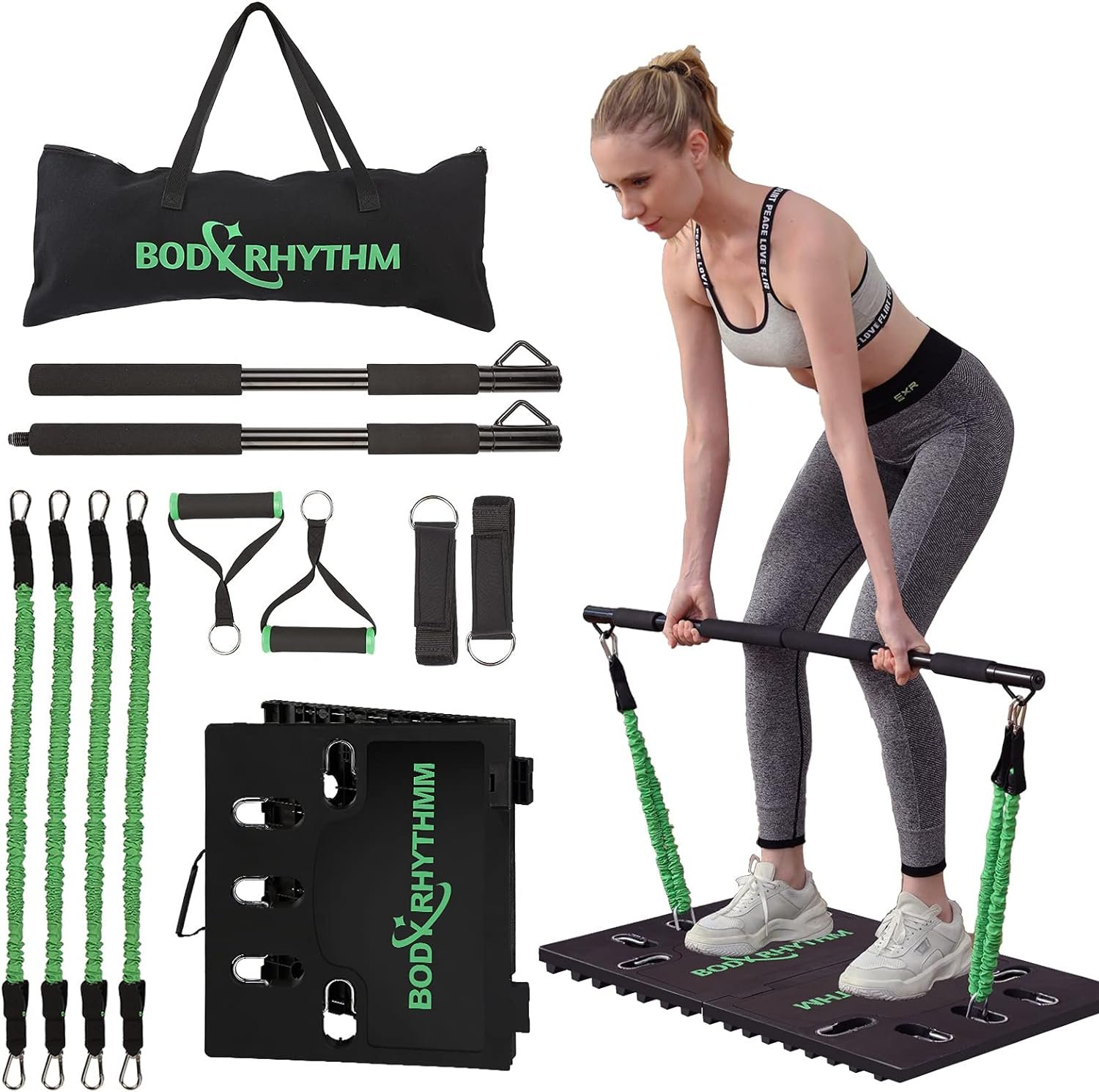 BODY RHYTHM Portable Home Gym Workout Equipment – Includes 150 lbs Resistance Bands, Collapsible Bar, Handles and More – Full Body Workouts System for Women & Men.