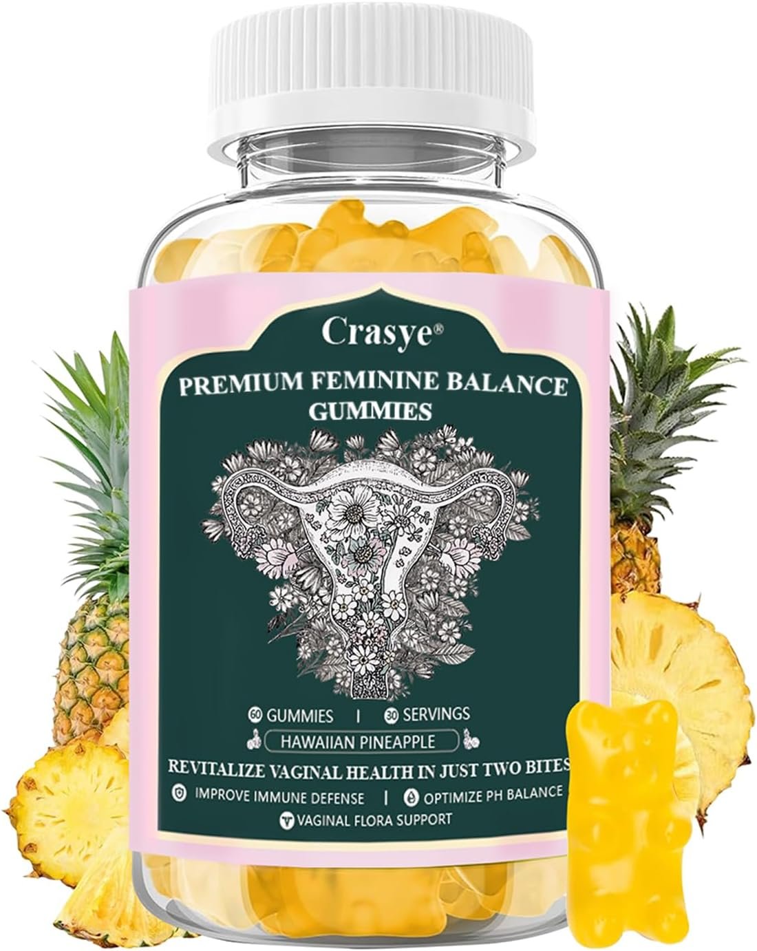 Premium Feminine Balance Gummies PH Balance Vaginal Health Gummies Probiotics Hawaiian Pineapple Female Gummy for Women Private Area – 60 Gummies – 30 Servings
