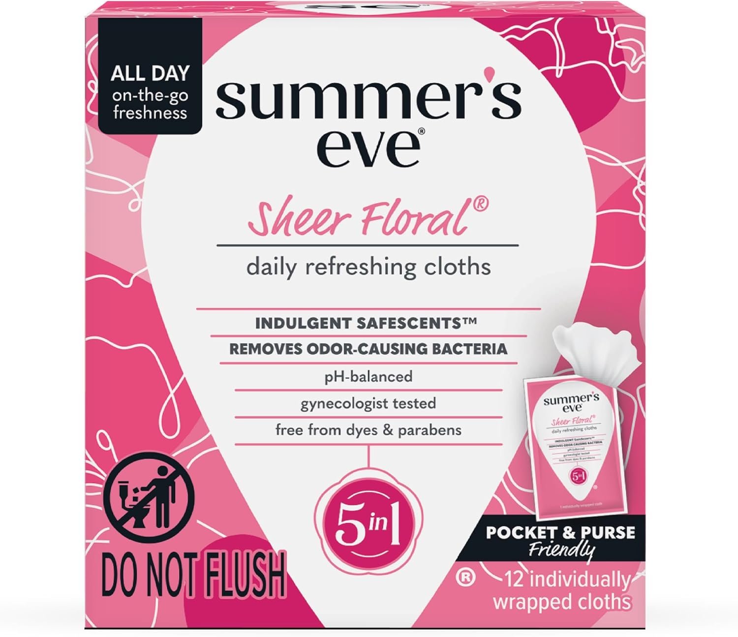 Summer’s Eve Sheer Floral Feminine Wipes, Gentle pH-Balanced Formula Helps Control Vaginal Odor, Individually Wrapped Wipes, 12 Count