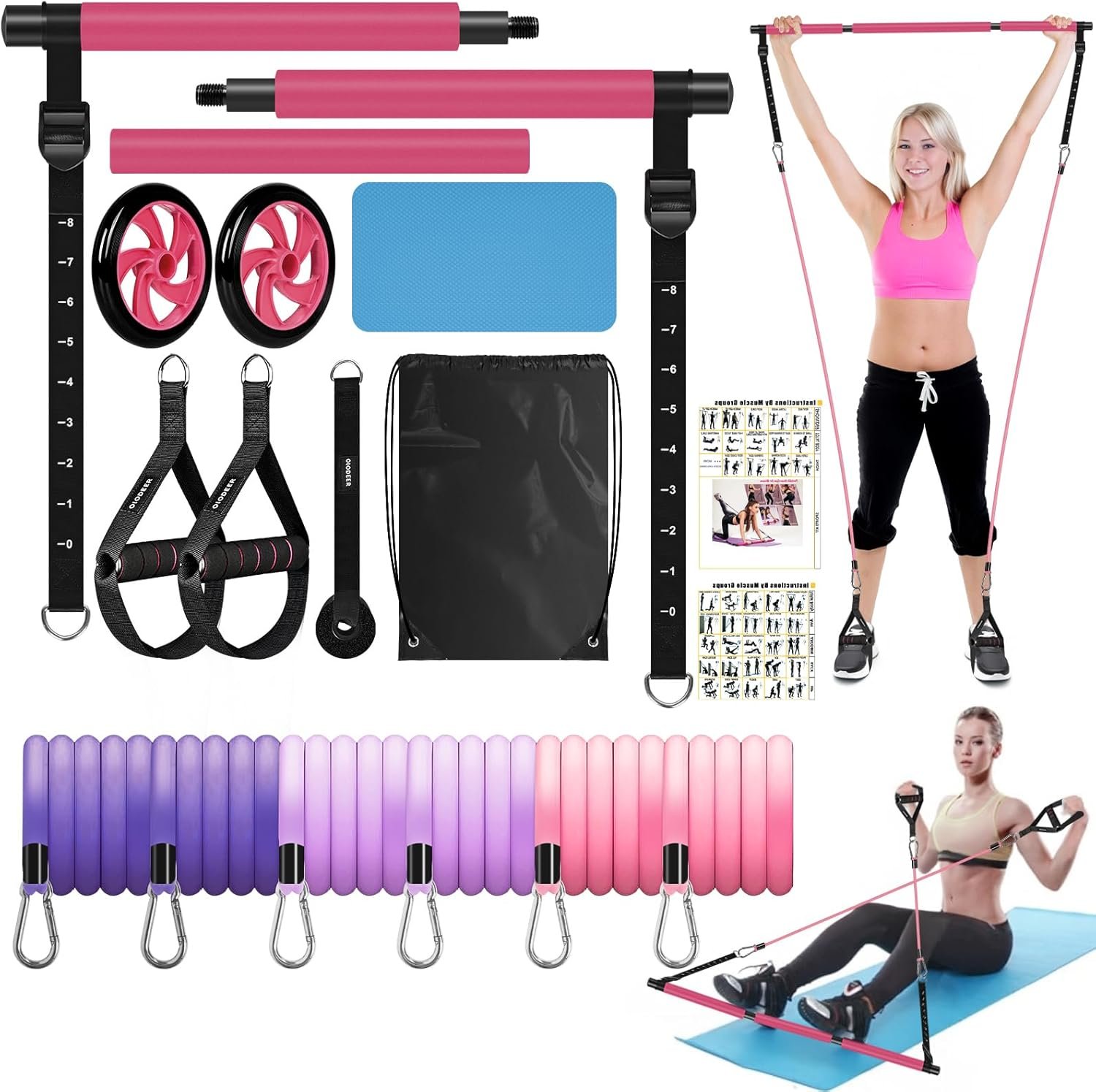 Pilates Bar Kit with Resistance Bands for Working Out, Pilates Equipment with Ab Roller for All Fitness Levels, Portable Home Gym Full Body Workout Equipment for Women&Men