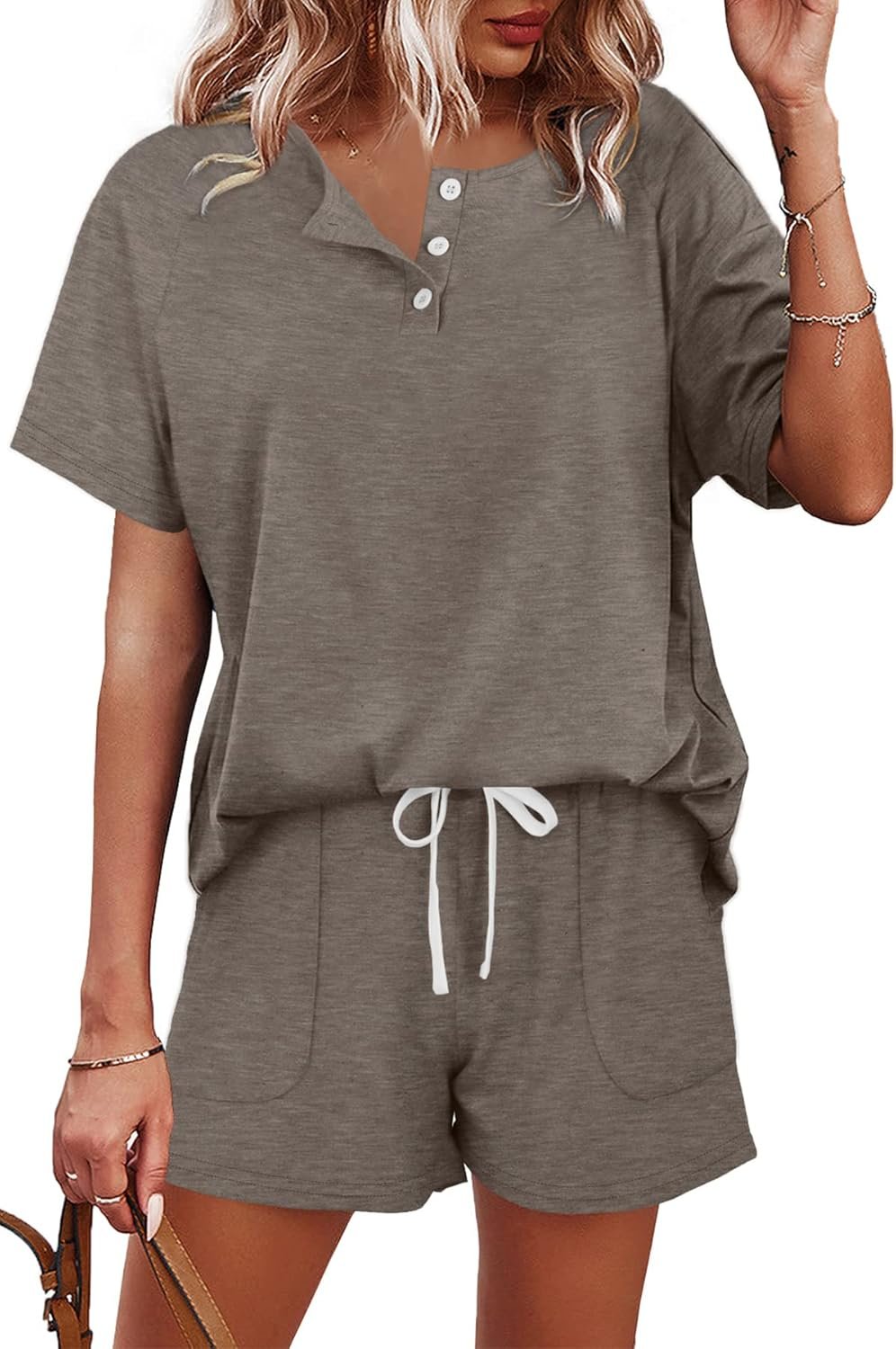 WIHOLL Two Piece Outfits for Women Lounge Sets Button Down Top and Shorts Set Sweatsuits with Pockets