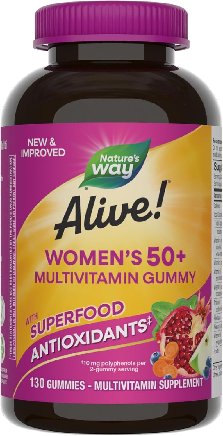 Nature’s Way Alive! Women’s 50+ Daily Gummy Multivitamins, Women’s Supplements, Supports Healthy Heart, Brain & Bones,* B-Vitamins, Mixed Berry Flavored, 130 Gummies (Packaging May Vary)