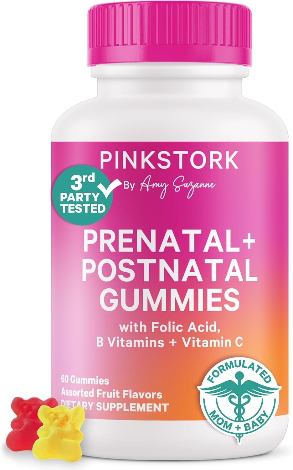 Pink Stork Fertility + Prenatal + Postnatal Gummy Vitamins – Full Motherhood Journey Support – Multivitamin with Folate, B Vitamins, Zinc & Biotin – Postpartum Essentials – 60 Assorted Fruit Gummies