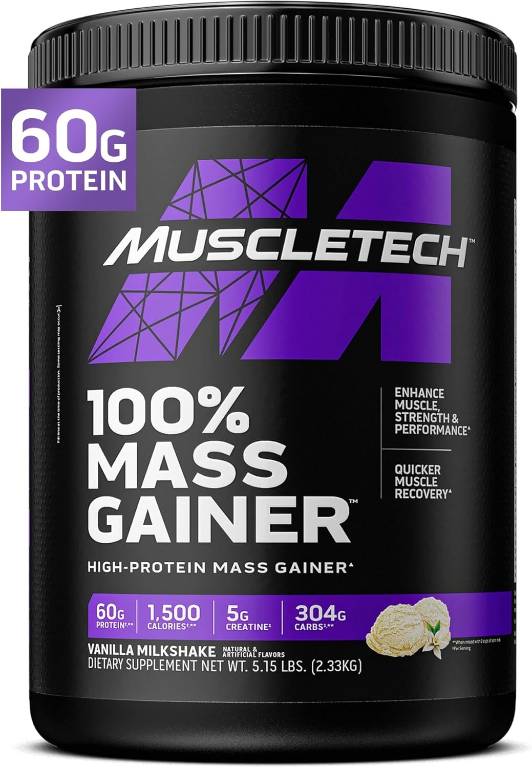 MuscleTech High Protein Mass Gainer for Men & Women – Protein Powder Shakes for Weight Gain, Muscle Building & Recovery with Creatine Monohydrate – Vanilla Milkshake, 5.15 Pound