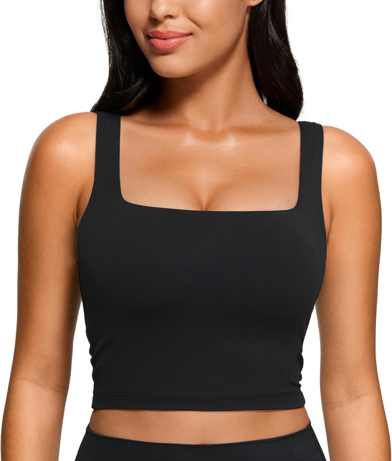 CRZ YOGA Butterluxe Womens Square Neck Longline Sports Bra – Workout Crop Tank Tops Padded Yoga Camisole with Built in Pads