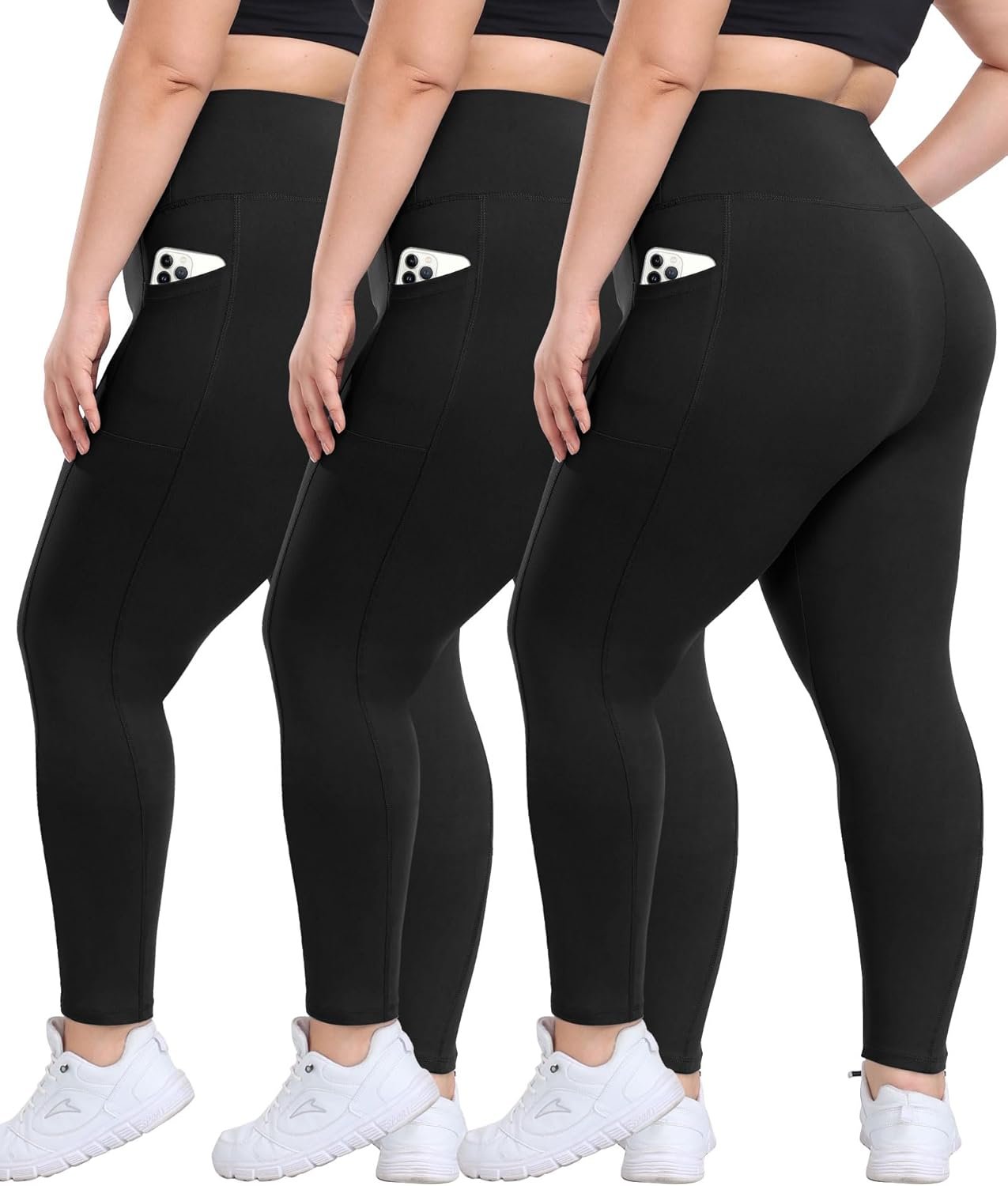 3 Pack Plus Size Leggings with Pockets for Women – High Waisted Tummy Control Spandex Soft Black Workout Yoga Pants