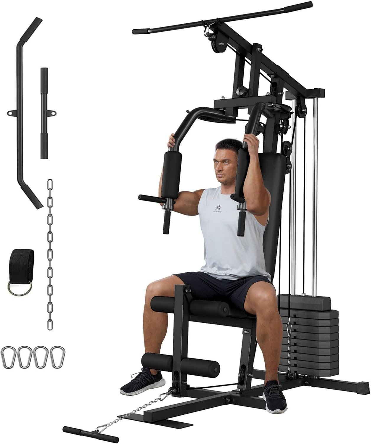 Home Gym Equipment Multifunctional Full Body Exercise Workout Station Fitness with Leg Press, LAT Pull Down System, Chest Presses, All in One Home Gym Machine with 100LBS Weight Stack