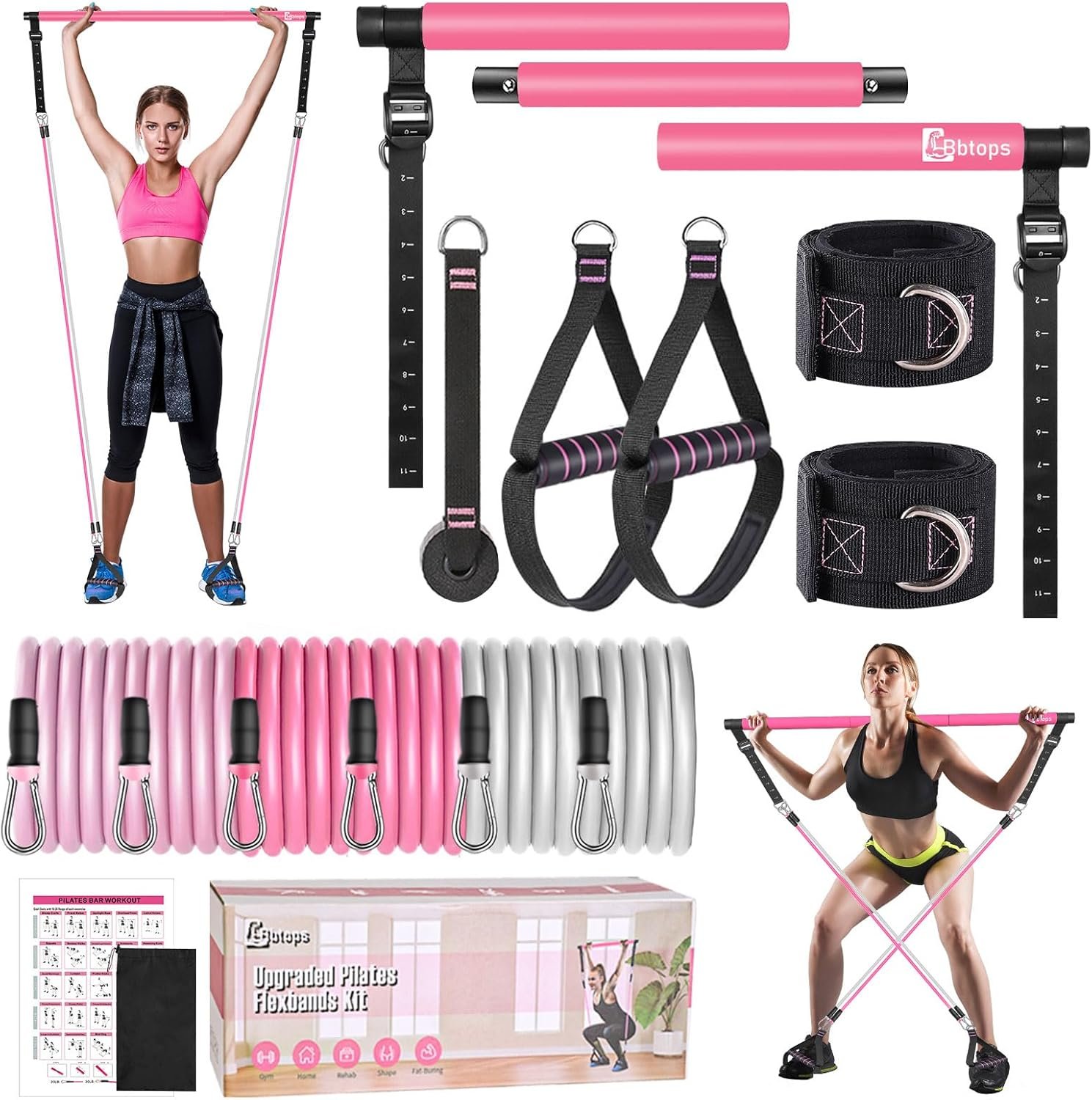 Pilates Bar Kit with Resistance Bands,Pilates Bar with Stackable Bands Workout Equipment for Legs,Hip,Waist and Arm,Exercise Fitness Equipment for Women & Men Home Gym Yoga Pilates