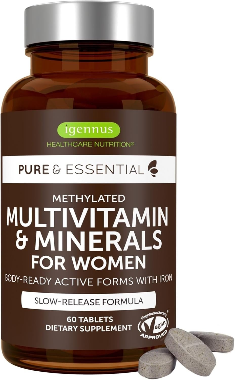 Igennus High Potency Methylated Multivitamin for Women, Pure & Clean Ingredients, MTHFR Supplement with Active B-Vitamins, Vitamin K2 MK7, Gentle Iron, Sustained Released, Non-GMO & Halal, 60 Tablets