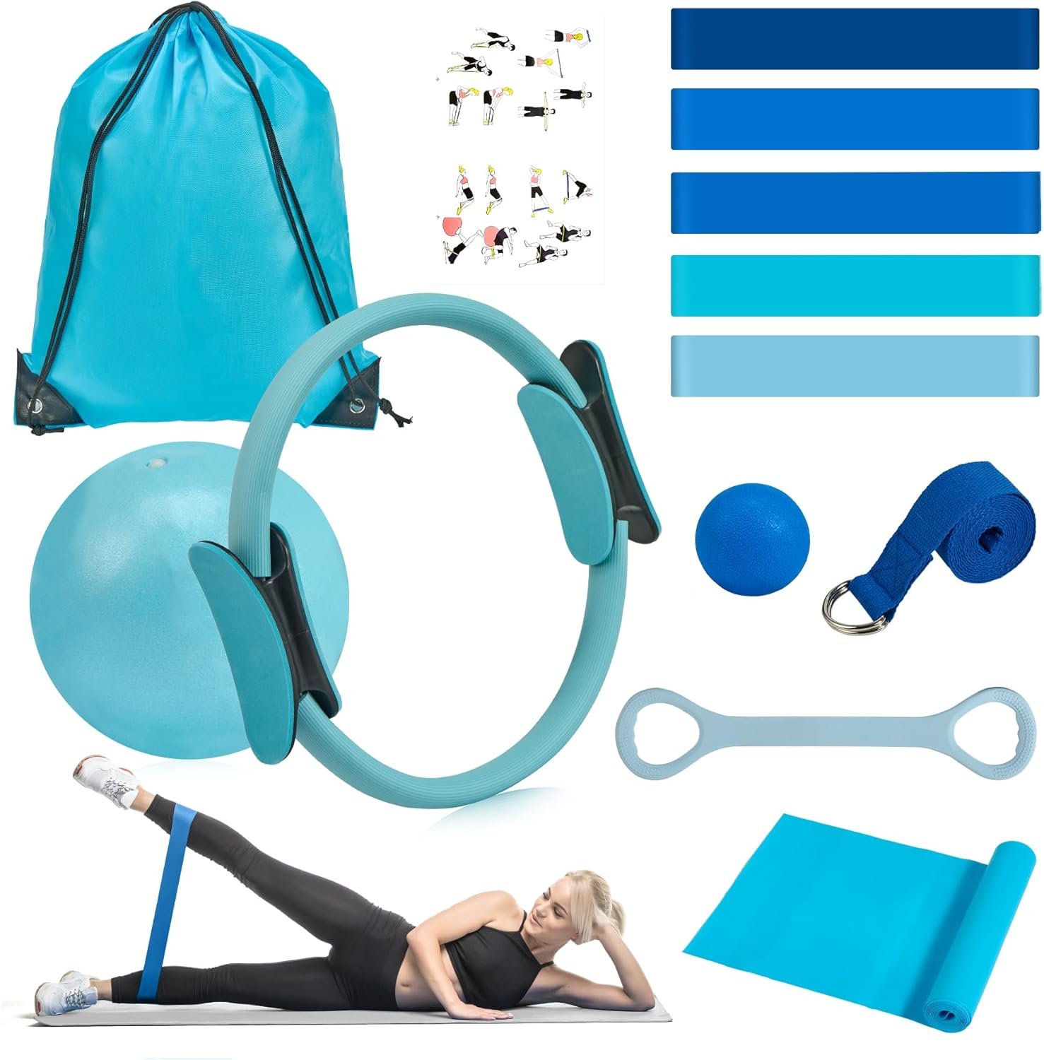 HASHMUST Pilates Ring Kit 12 PCS for Women, Home Workout Equipment with Magic Circle, Mini Exercise Ball, Resistance Bands, Massage Lacrosse, Yoga Strap, Full-Body Fitness Set for Toning & Gift