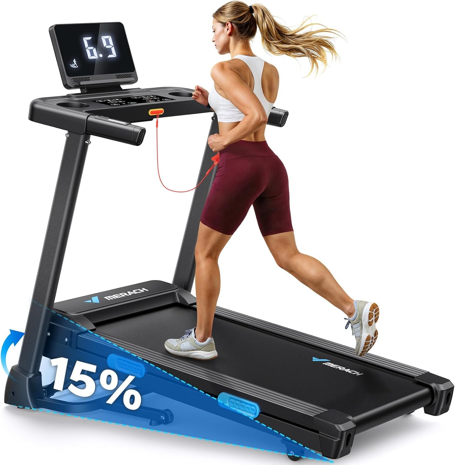 MERACH Treadmill with Incline 6%-15%, 300 LBS Capacity Foldable Running Treadmills for Home, 0.5-7.5MPH Quiet 2.5HP Brushless Double Deck Incline Foldinng Treadmill LED Display with Smart APP