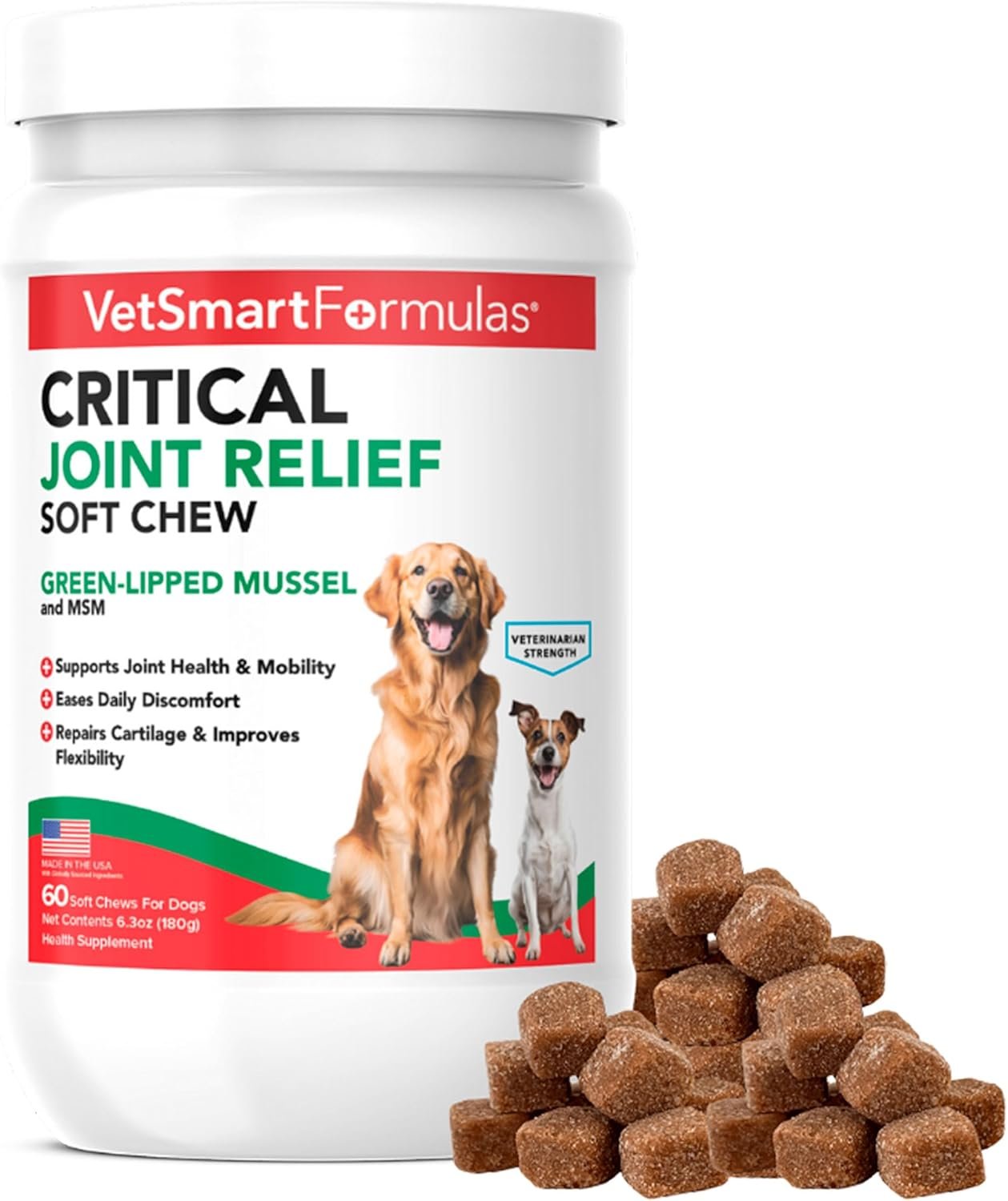VetSmart Formulas Critical Joint Relief Soft Chew for Dogs – Hip & Joint Supplement with Glucosamine, MSM, Green-Lipped Mussel – Joint Discomfort, Hip Dysplasia & Mobility Support, Made in USA
