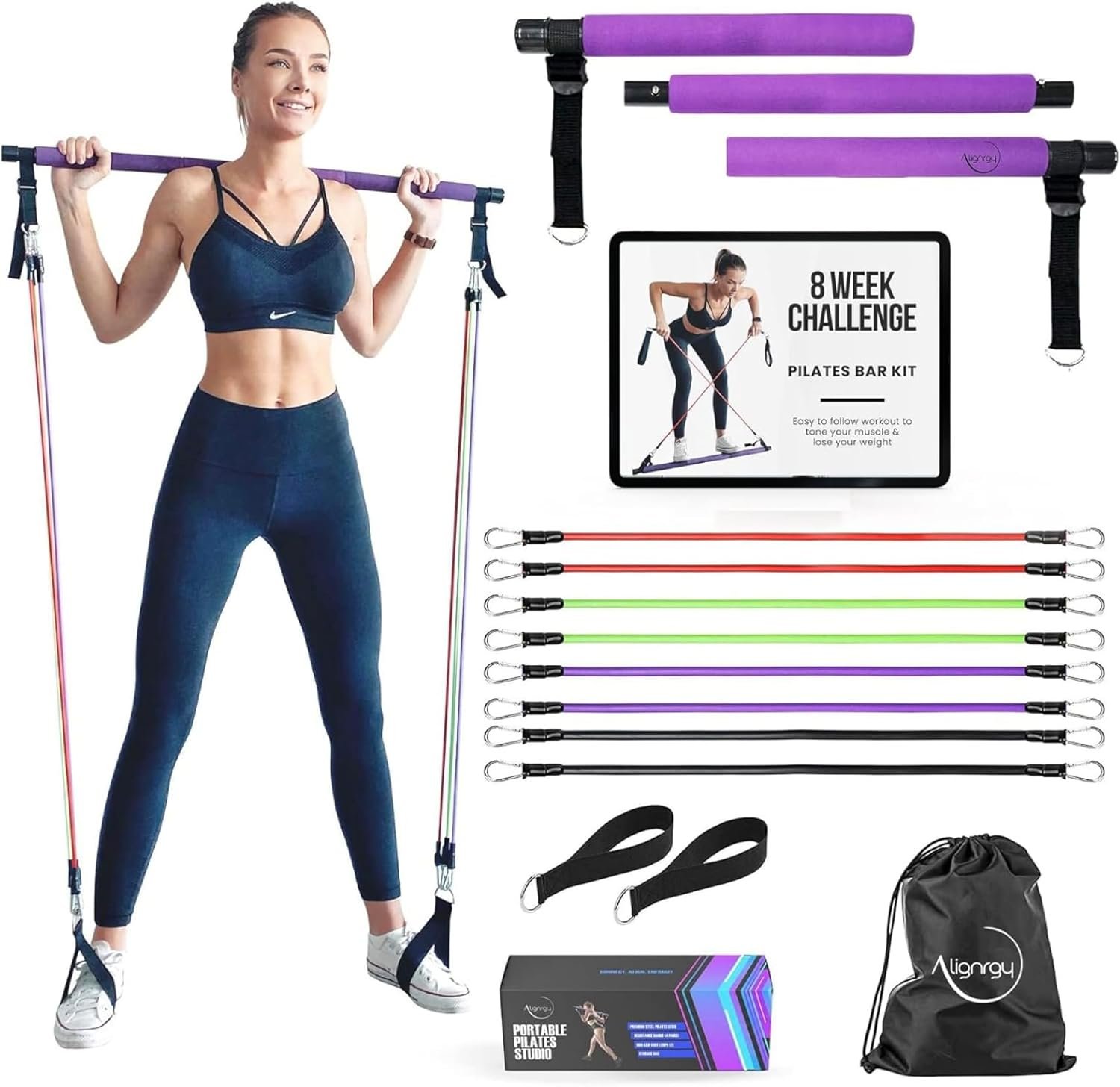 Portable Pilates Bar Kit with Resistance Bands (20, 30, 40, 50 LB) – 8 Week Video Program – Premium Quality Home Equipment 3 Section Pilates Bar with Resistance Bands Full-Body