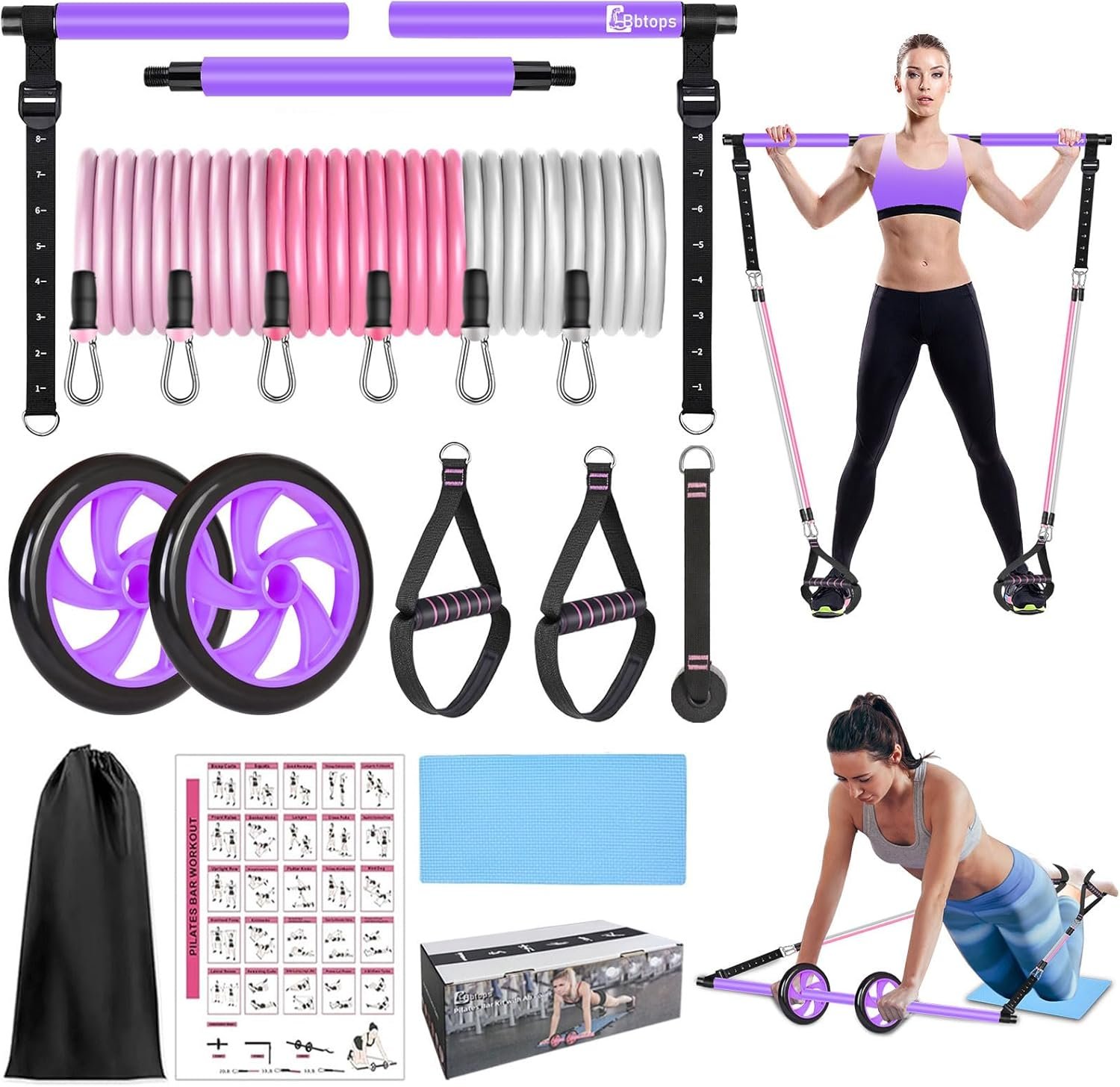 Pilates Bar Kit with Resistance Bands,Ab Roller,2 in 1 Foot Strap & Handle,Door Anchor Pilates Equipment with Resistance Bands, Portable Home Gym Yoga Fitness Bar for Women & Men