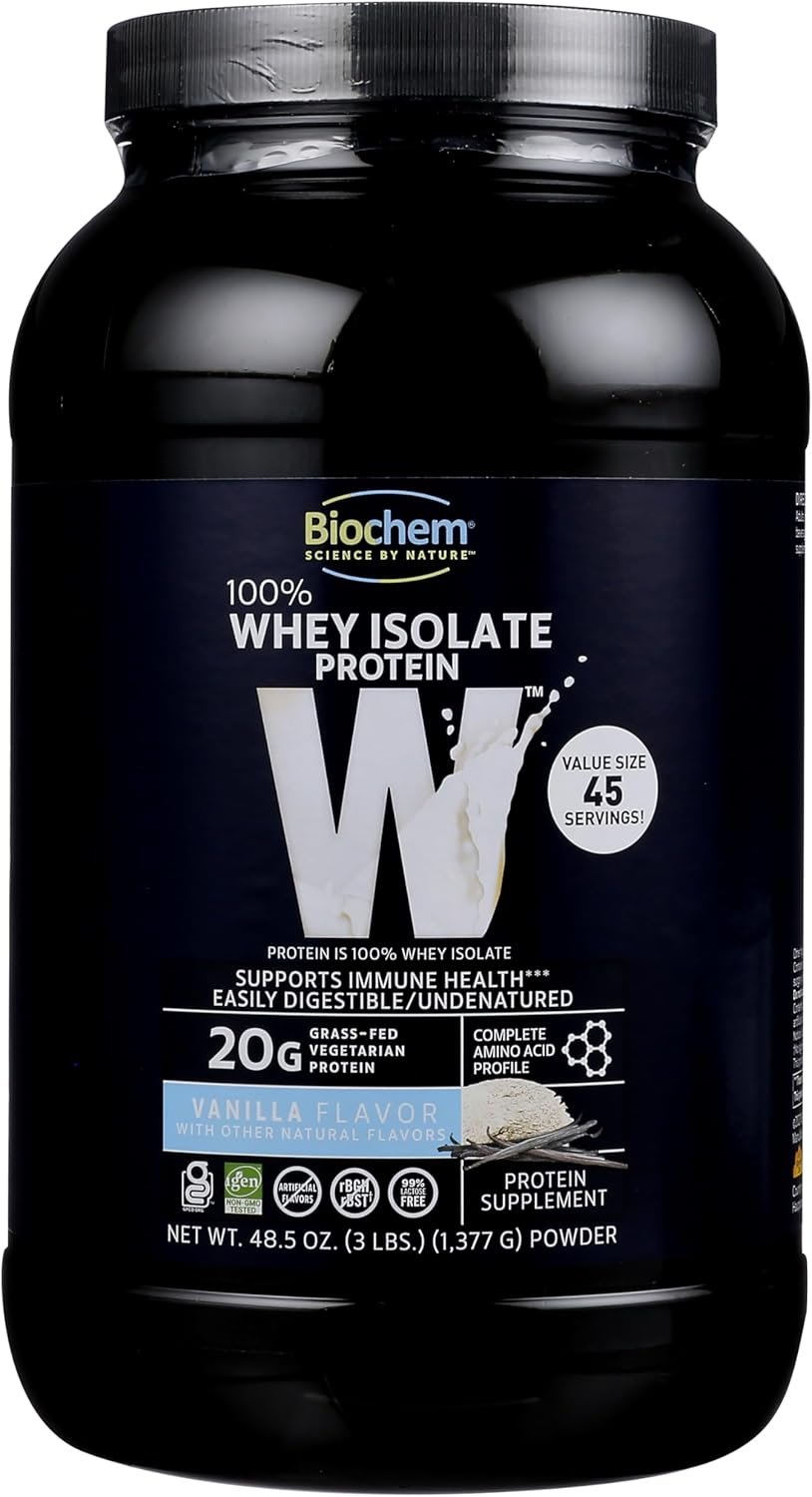 Biochem 100% Whey Isolate Protein Powder, Vanilla Flavor, 20g Grass-Fed Protein, Keto Friendly, Gluten Free, Easily Digestible, Vegetarian, 48.5 oz, 45 Servings