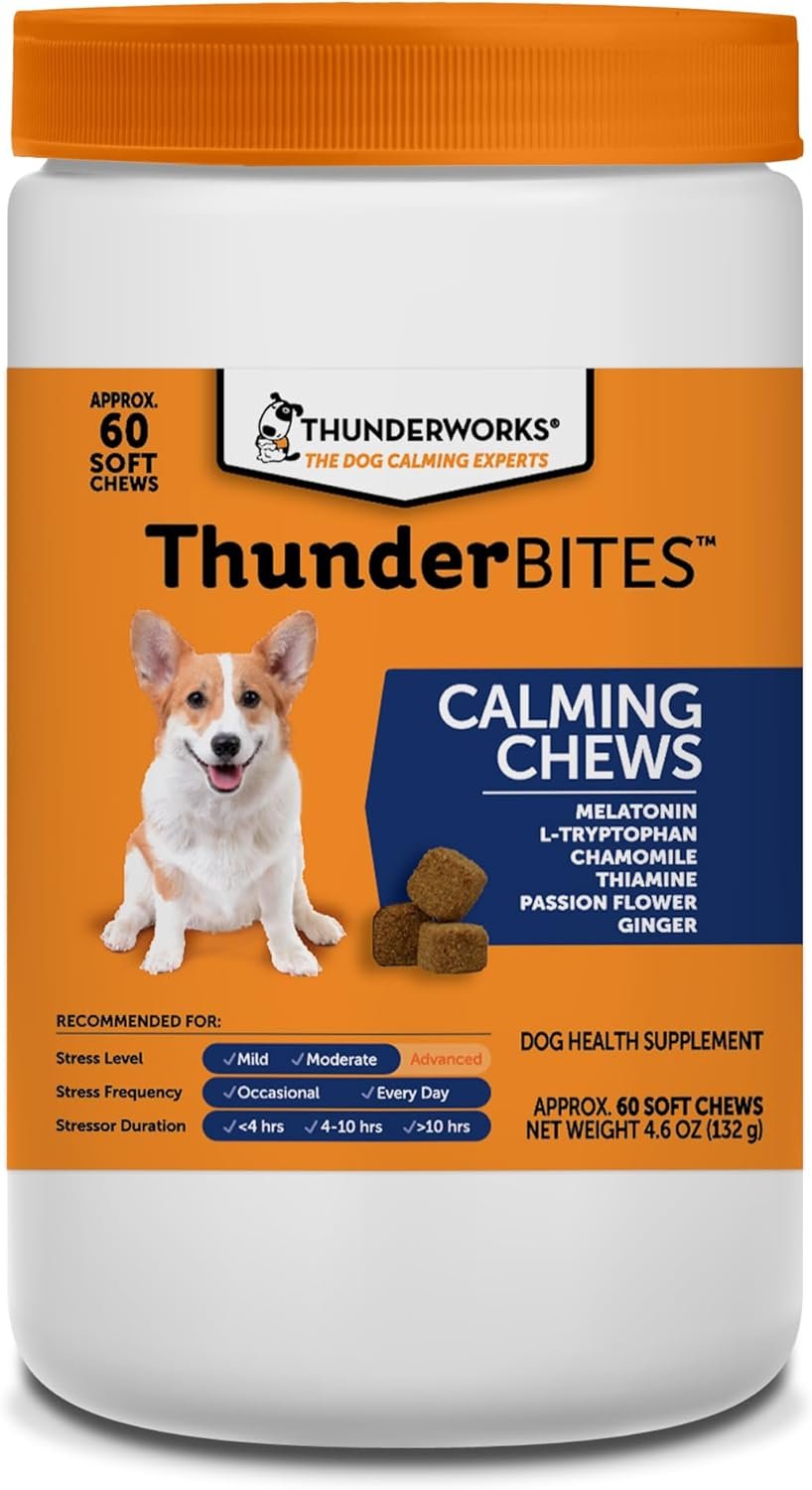 ThunderBites Dog Calming Chews, Thiamine, L-Tryptophan, Melatonin and Ginger, Can Help Relieve Stress from Separation, Storms, Fireworks & Travel (60 Count), formerly ThunderWunders