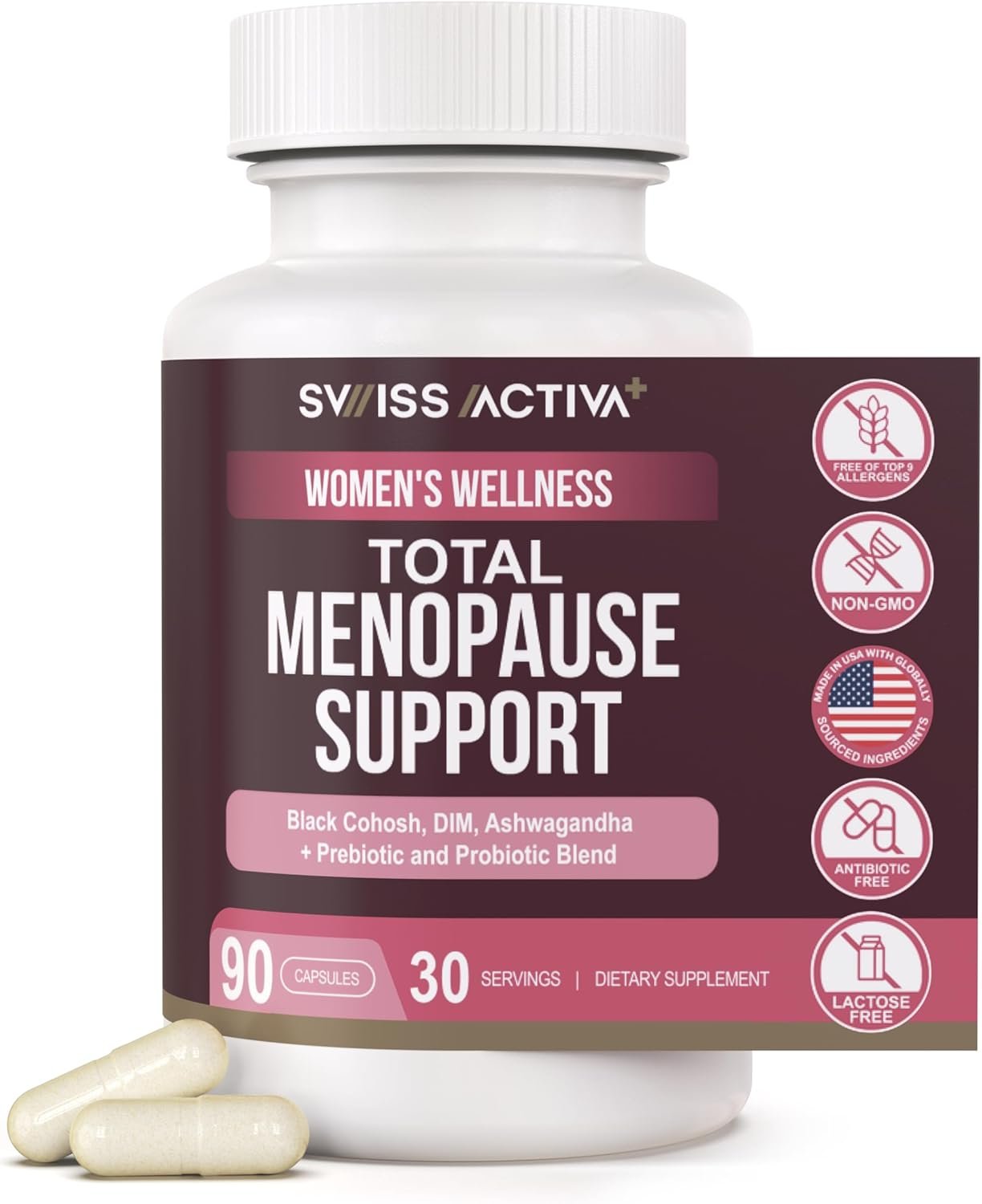 Swiss Activa+ Labs Total Menopause Support – Hormone Balance, Hot Flash Relief, Mood & Energy Boost, Gut Health, Vegan, Non-GMO Plant-Based Menopause Supplements for Women – 30-Day Supply