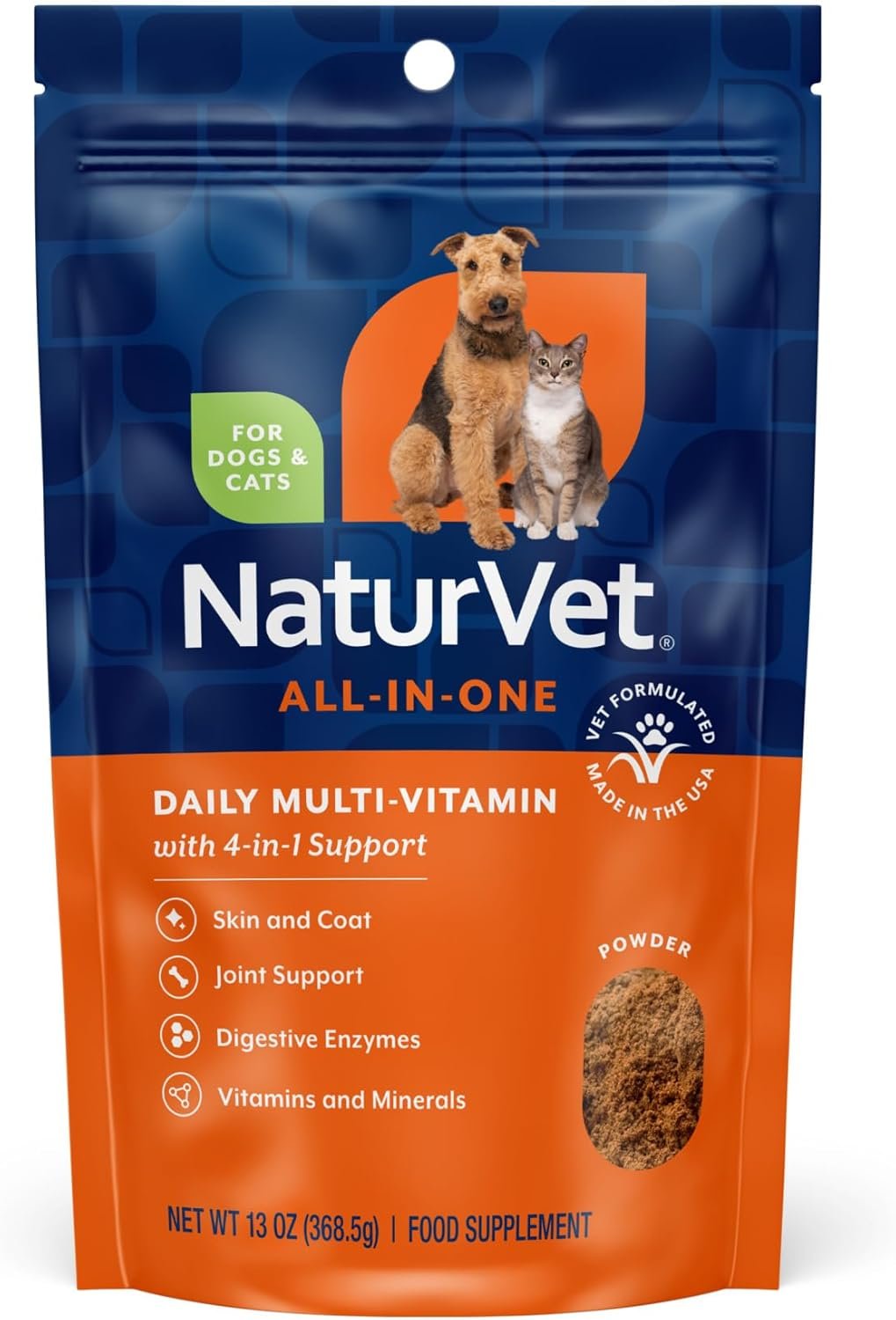 NaturVet All-in-One Dog Supplement – for Joint Support, Digestion, Skin, Coat Care – Dog Multivitamins with Minerals, Omega-3, 6, 9 – Wheat-Free Vitamins for Dogs – 13-Ounce Powder