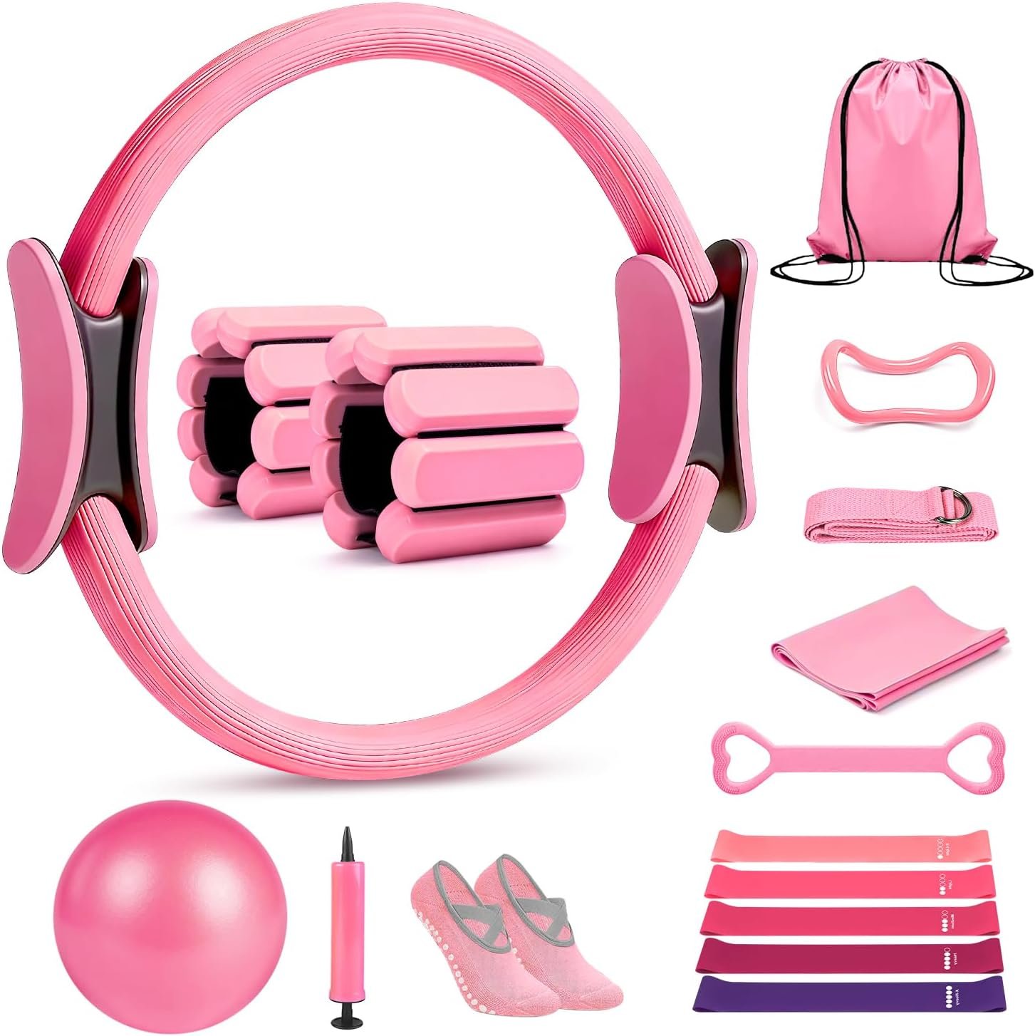 Pilates Ring Set 15 PCS, Home Pilates Essentials Kit for Women, 12”Pilates Ring and 9”Ball Set, Pilates Kit with Ankle Weights 2LB, Resistance Bands, Portable Bag, for Toning & Better Me Gifts