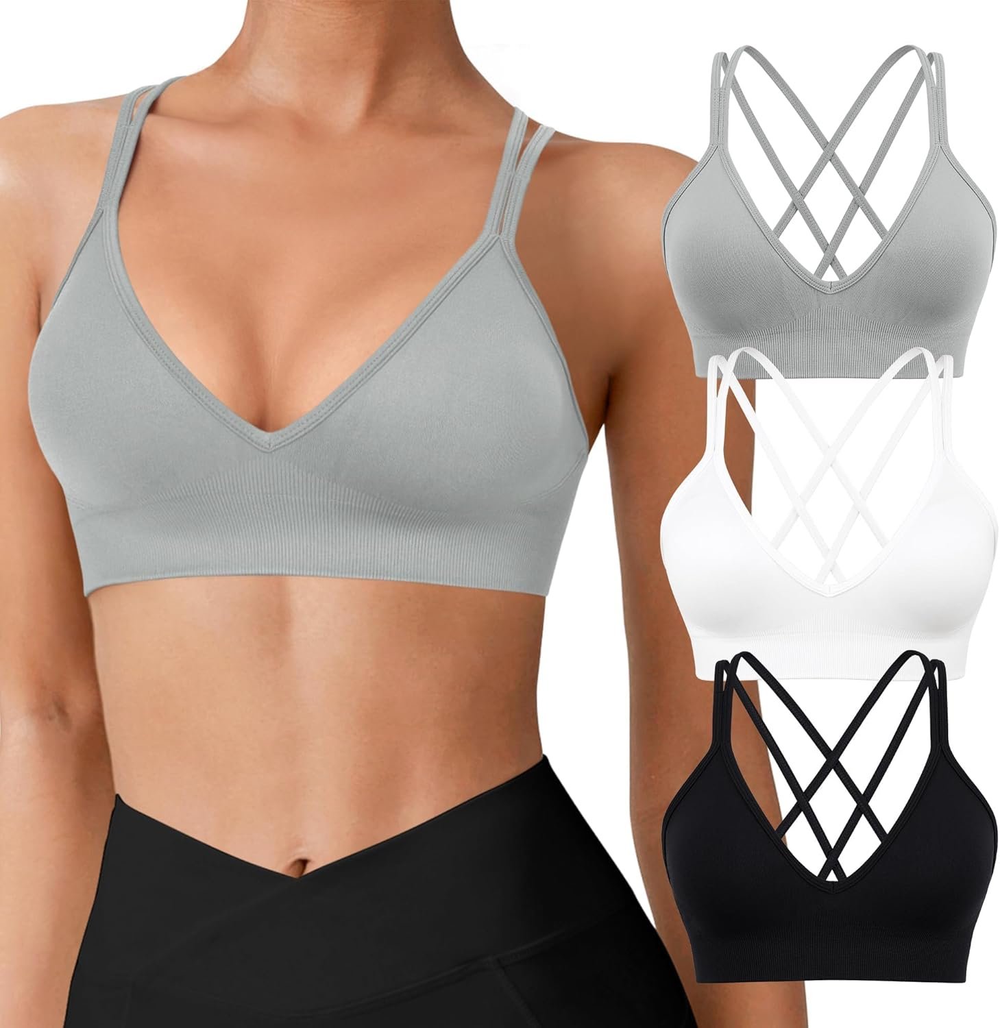 VEQING Seamless V-Neck Women Sports Bras, Padded Cross Back Wireless Low Impact Workout Yoga Bras for Small Chests, 3 Pack