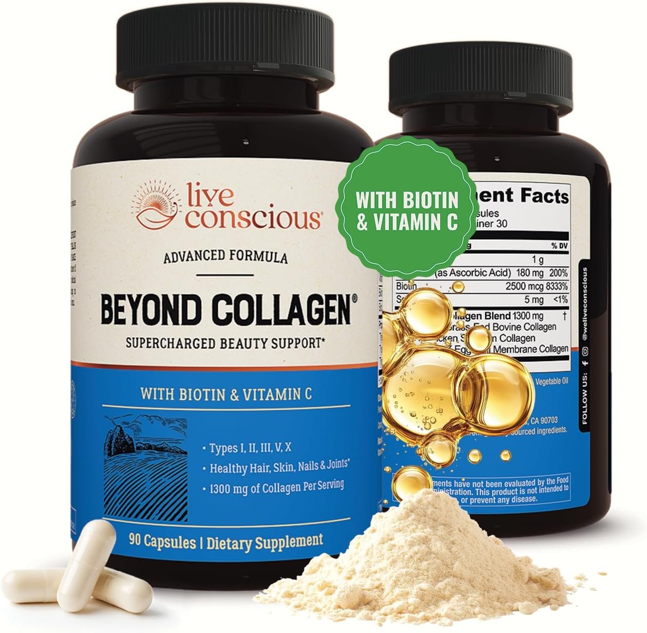 Live Conscious Beyond Collagen Multi Collagen Capsules – Types I, II, III, V & X – Hydrolyzed Blend with Biotin & Vitamin C for Hair, Skin, Nails 90 Capsules